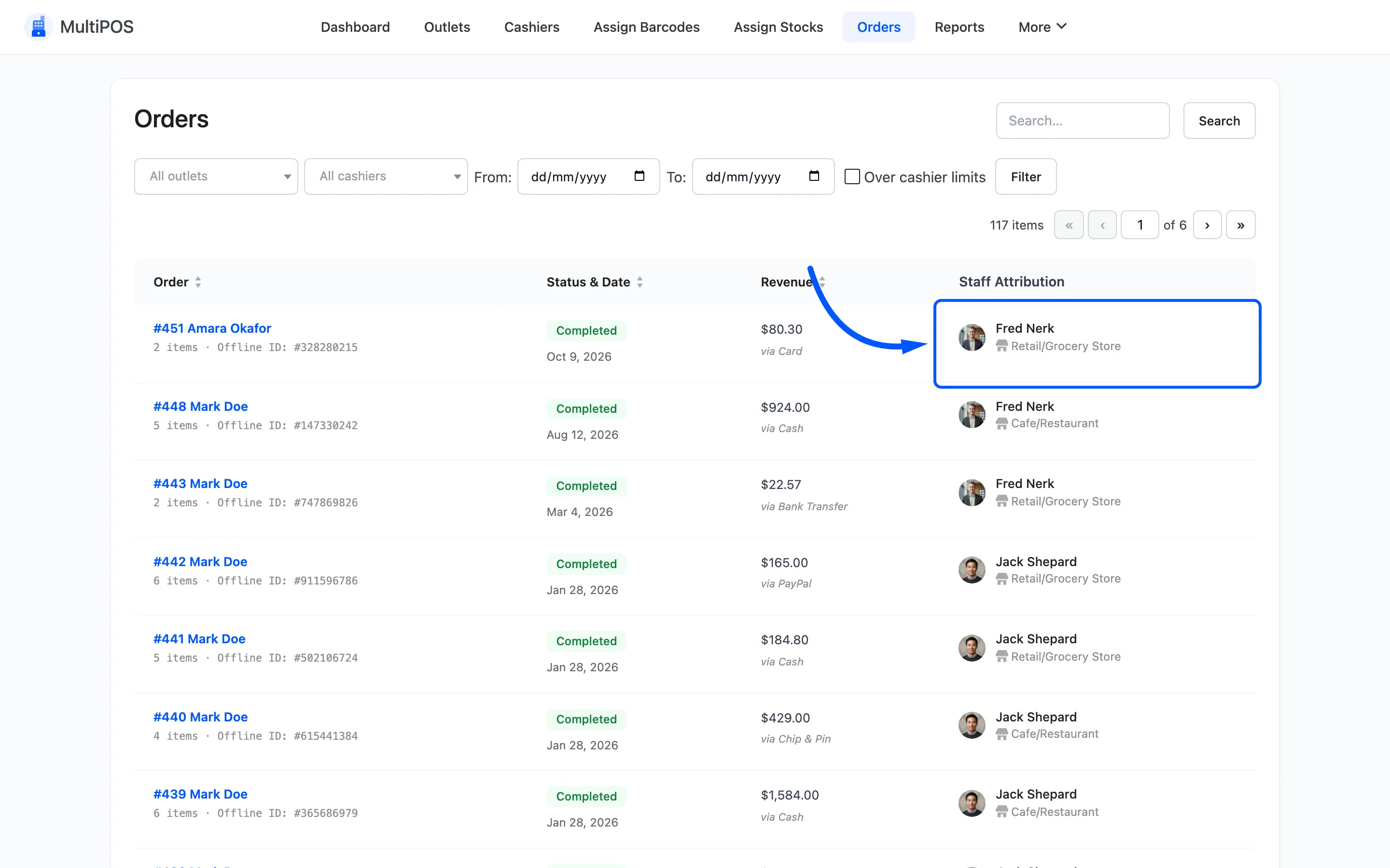 The Staff Attribution column on a MultiPOS order row