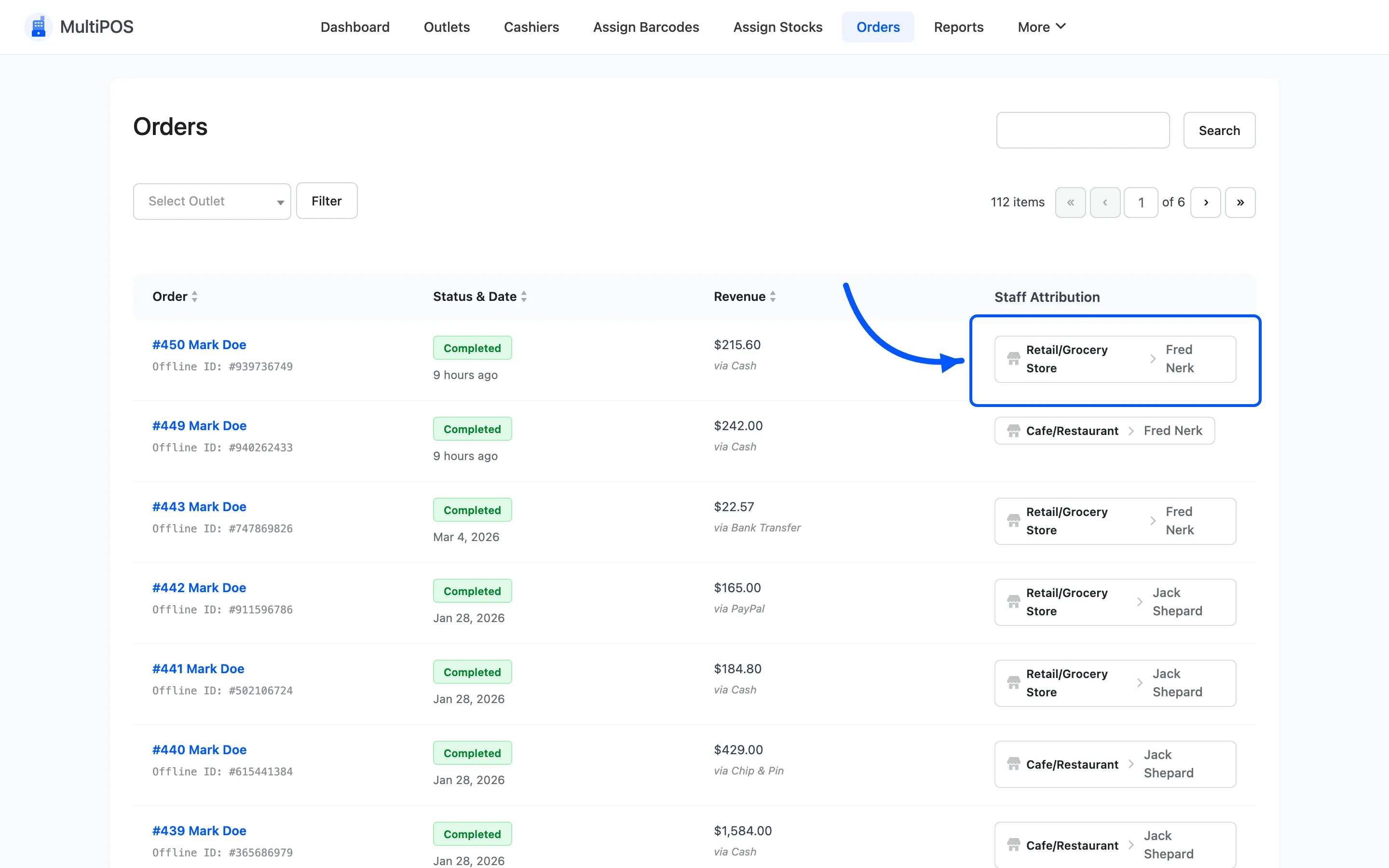 The Staff Attribution column on a MultiPOS order row