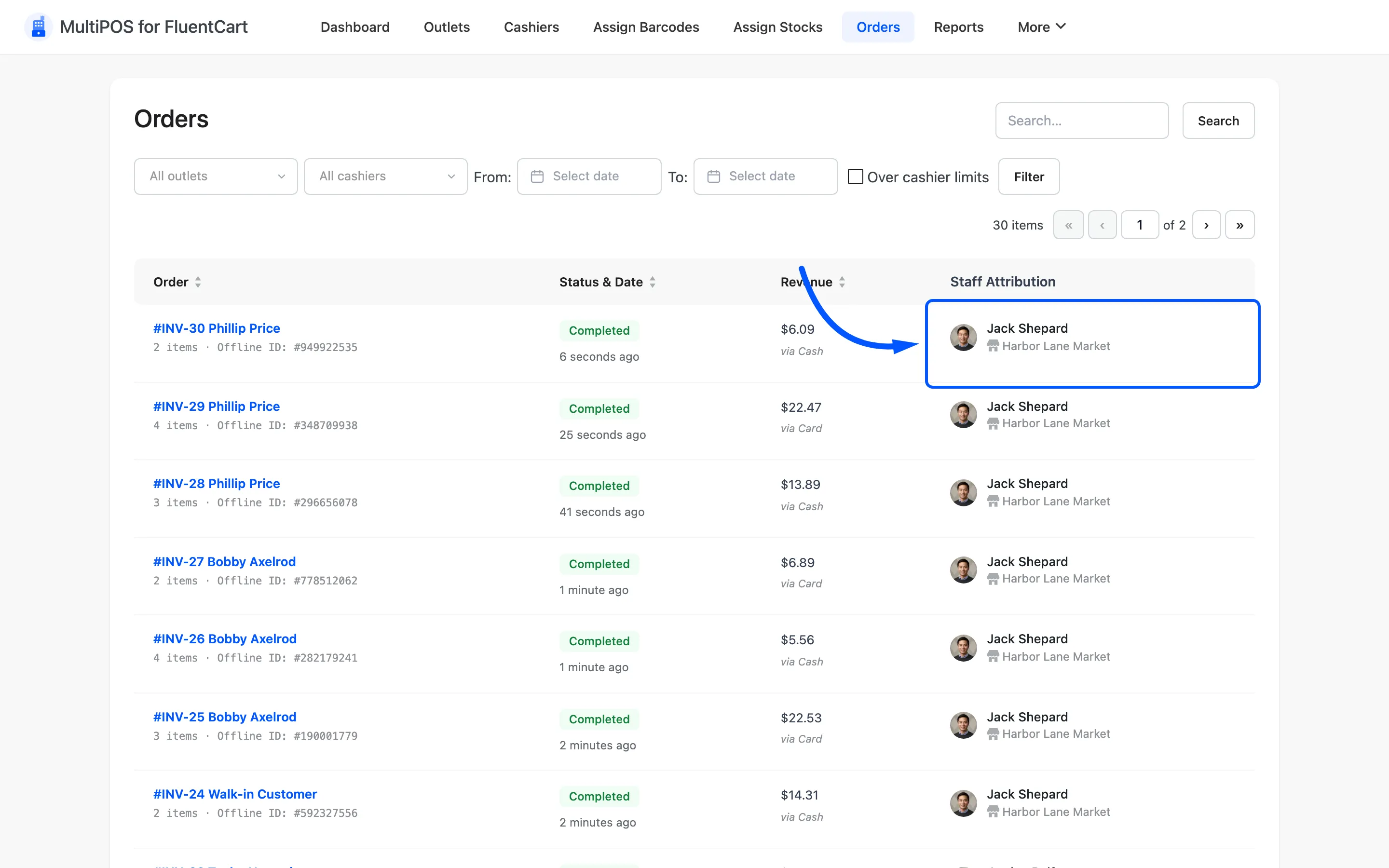 The Staff Attribution column on a MultiPOS order row