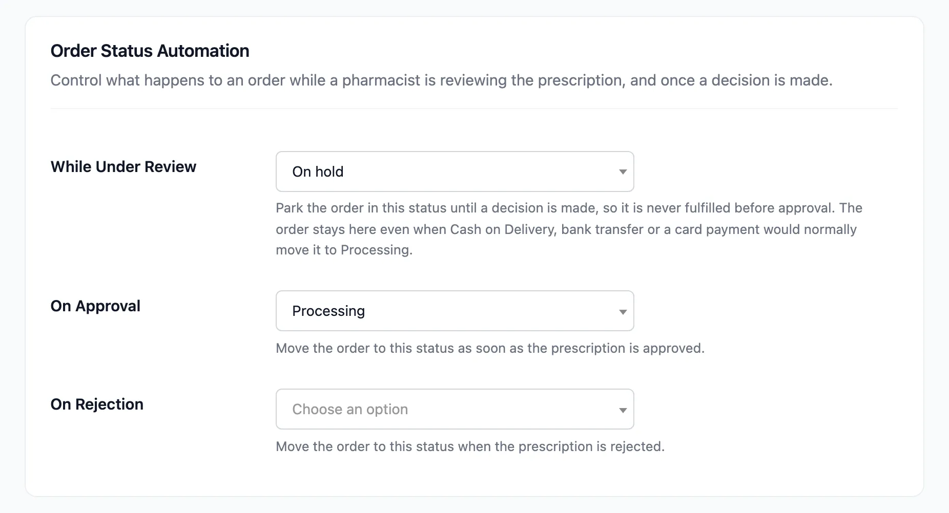 The Order Status Automation section