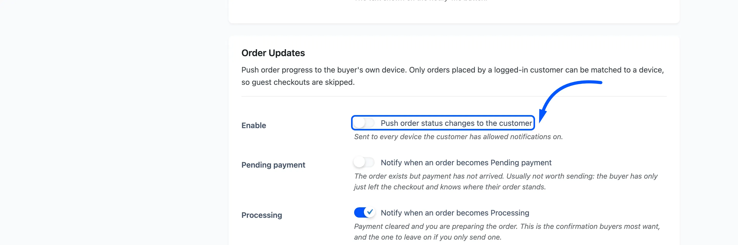 The Order Updates Enable switch