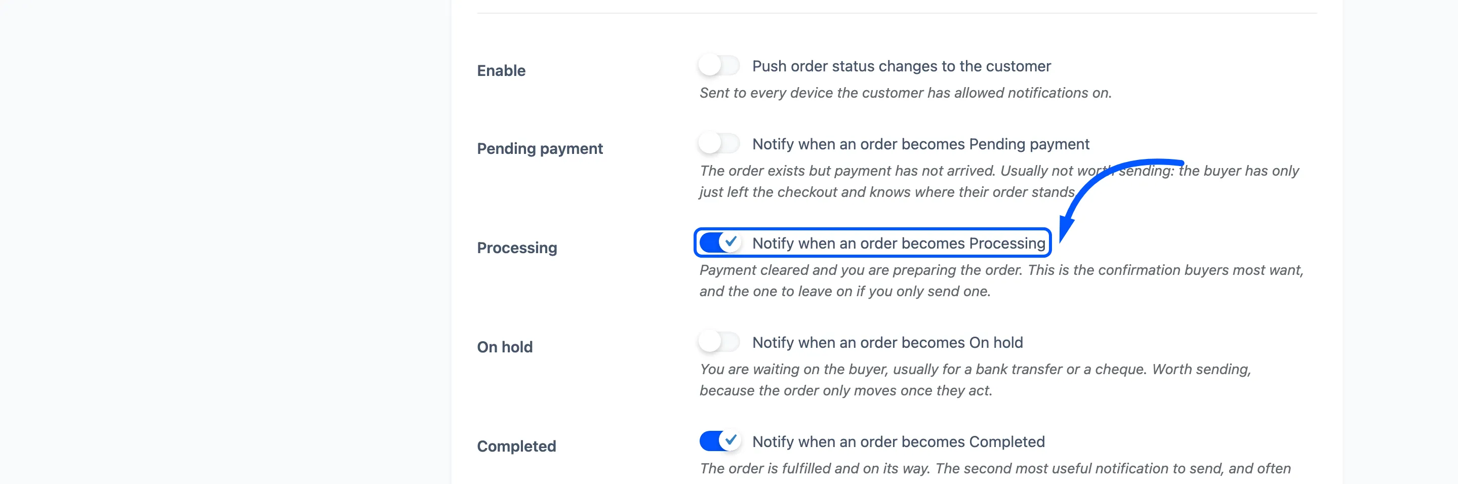 The Processing status checkbox