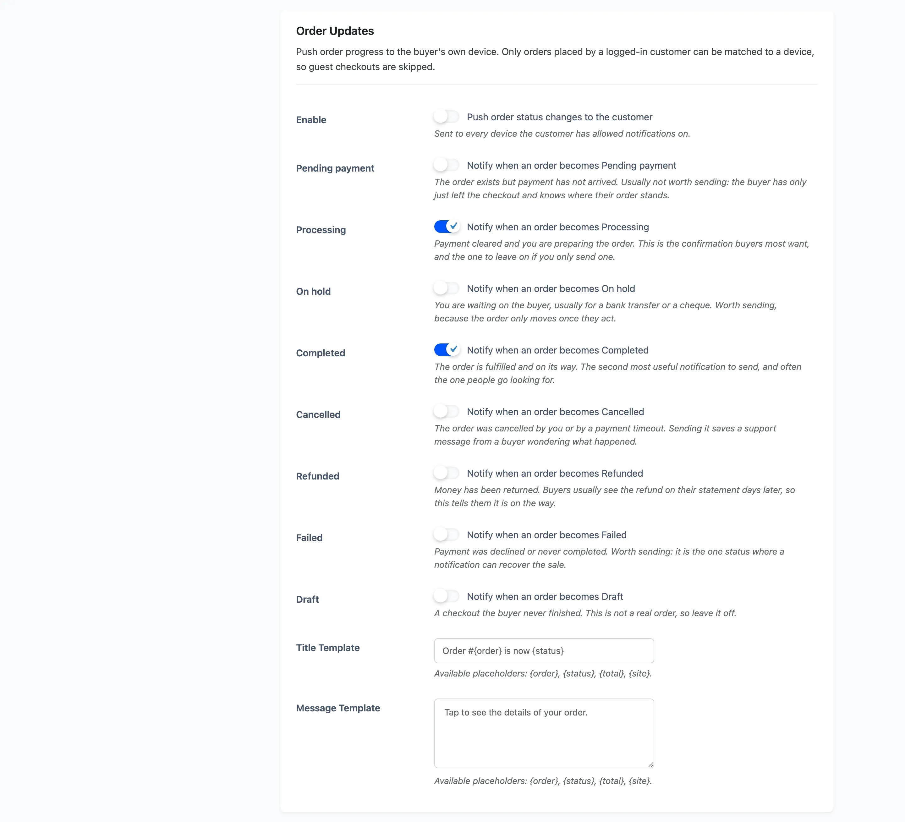 The Order Updates section