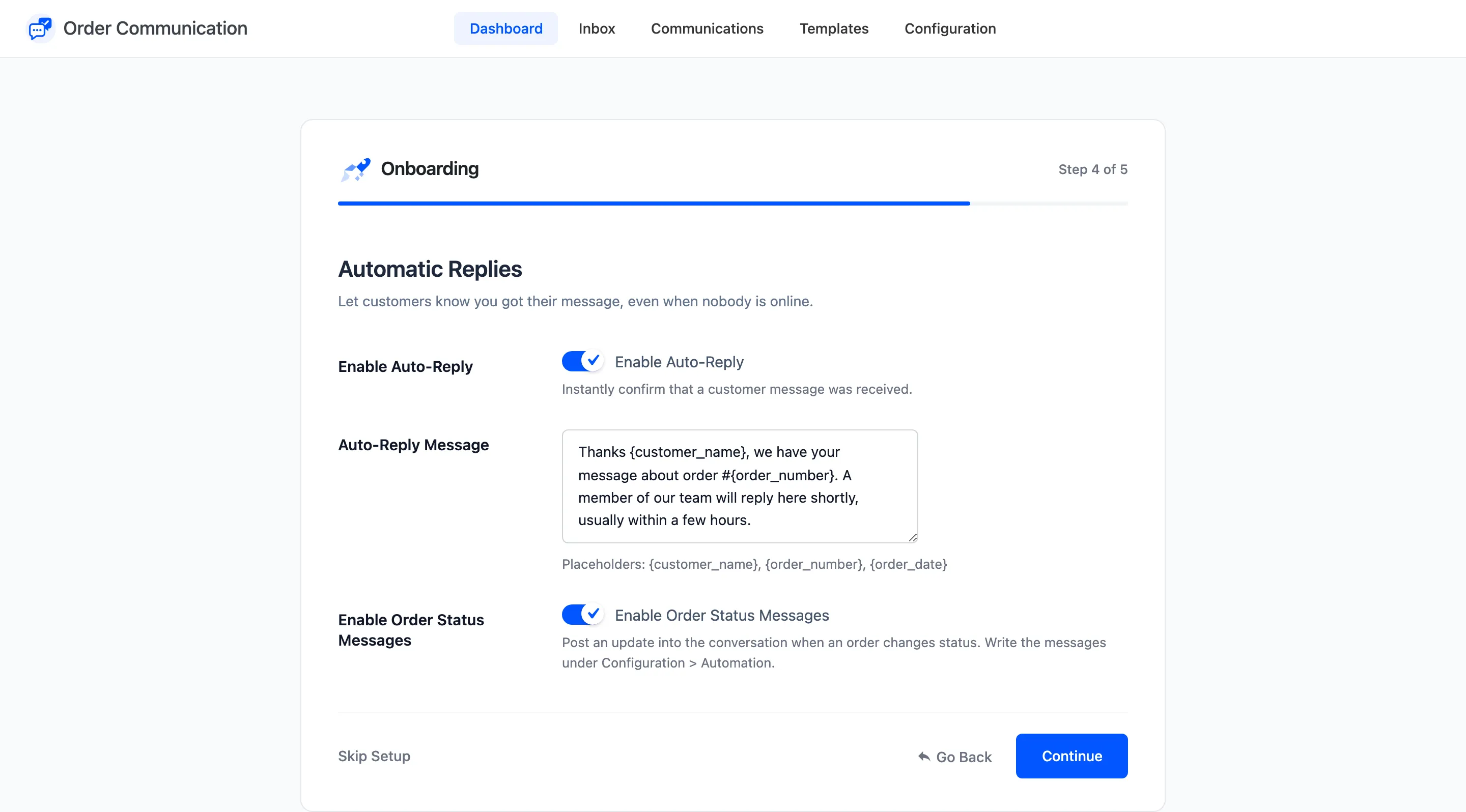 The Automatic Replies step of the setup wizard