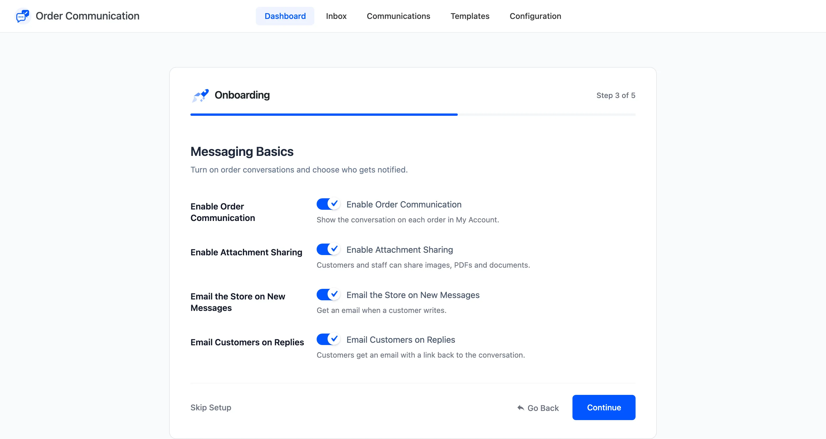 The Messaging Basics step with four checkboxes