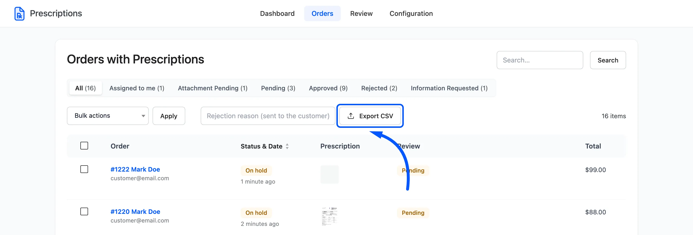 The Export CSV button above the list