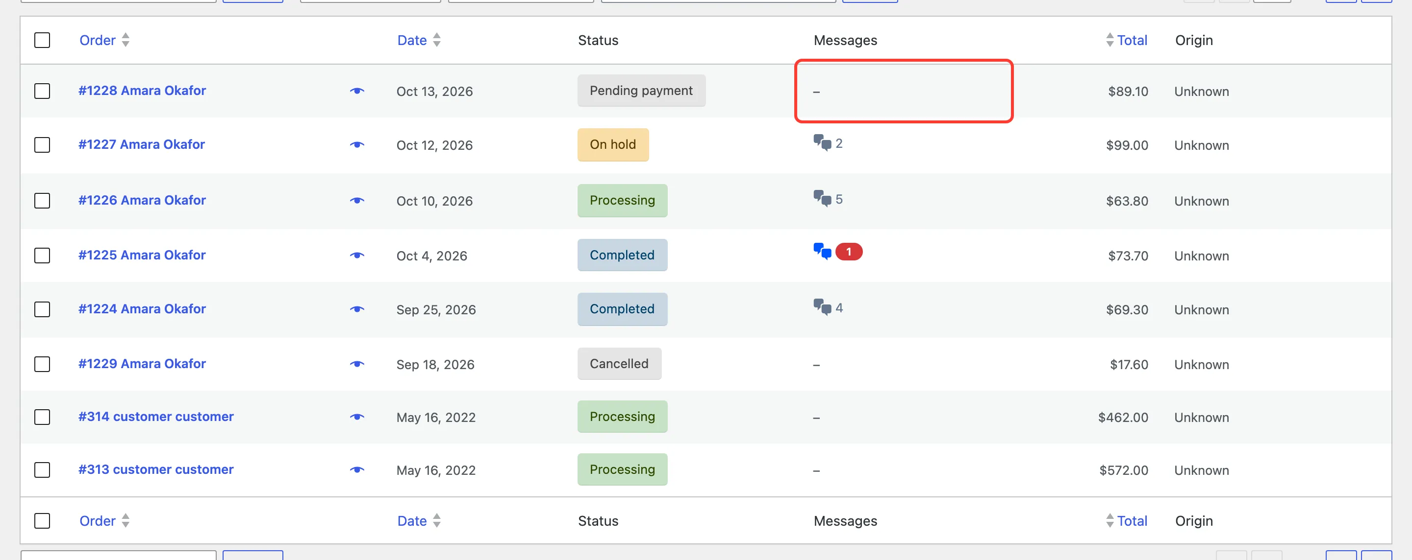 The Messages column on the WooCommerce orders list