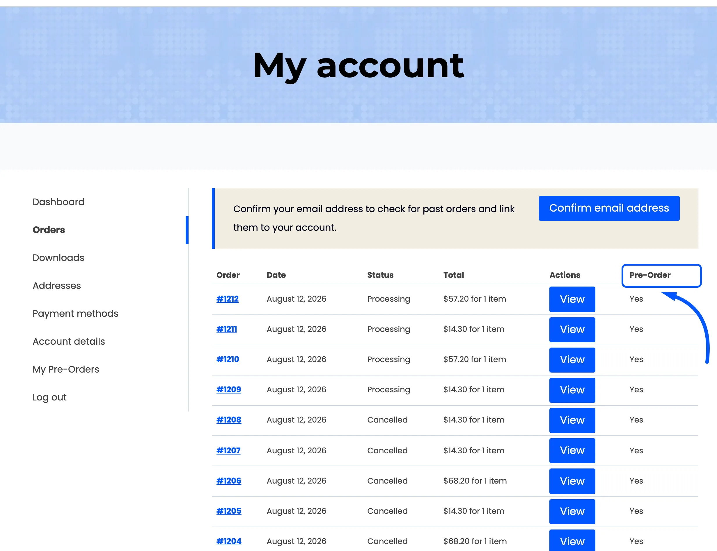 The Pre-Order column on the customer’s orders table