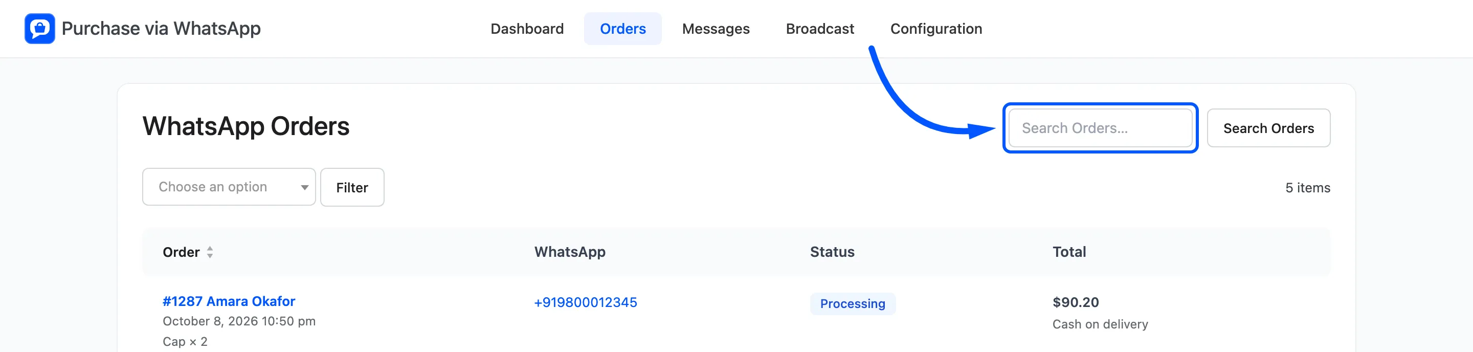 The Search Orders box boxed above the list