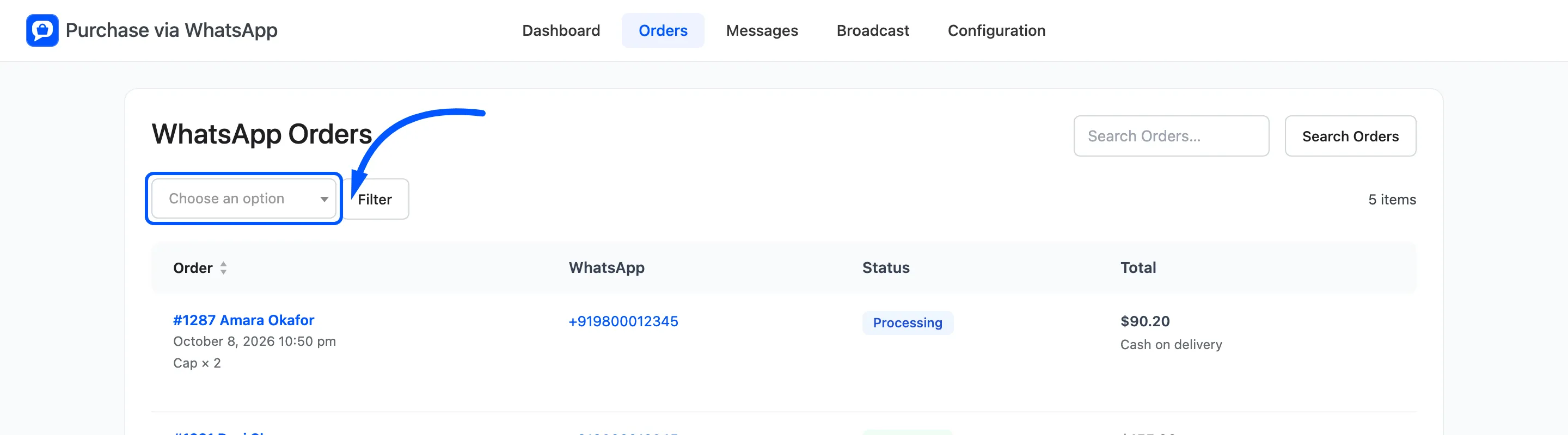 The status filter boxed above the list