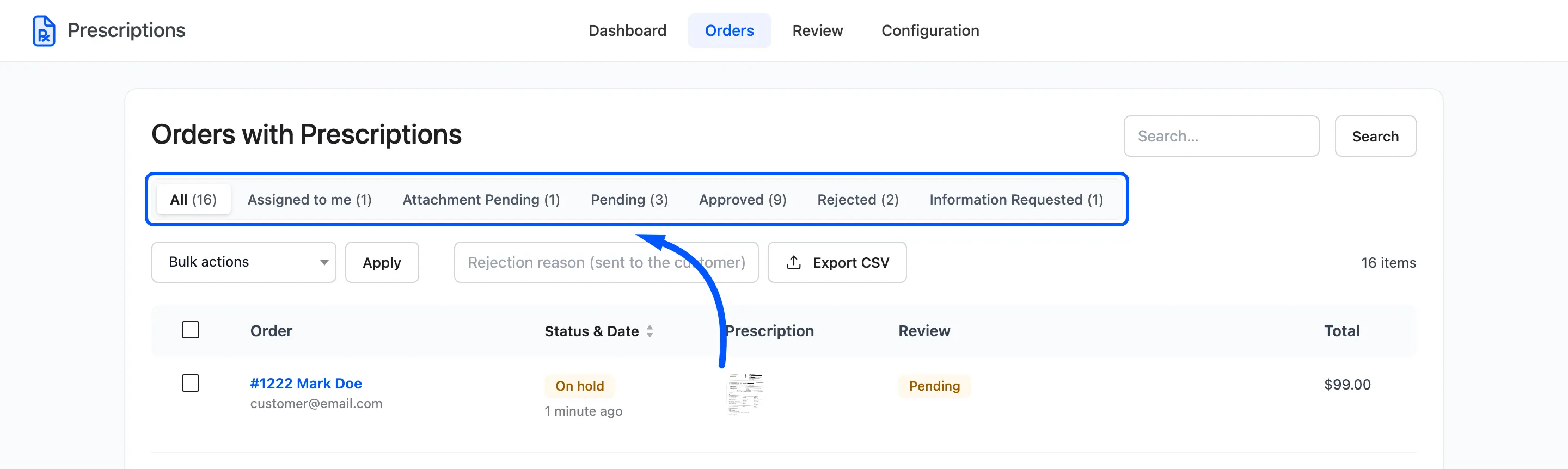 The status tabs above the list