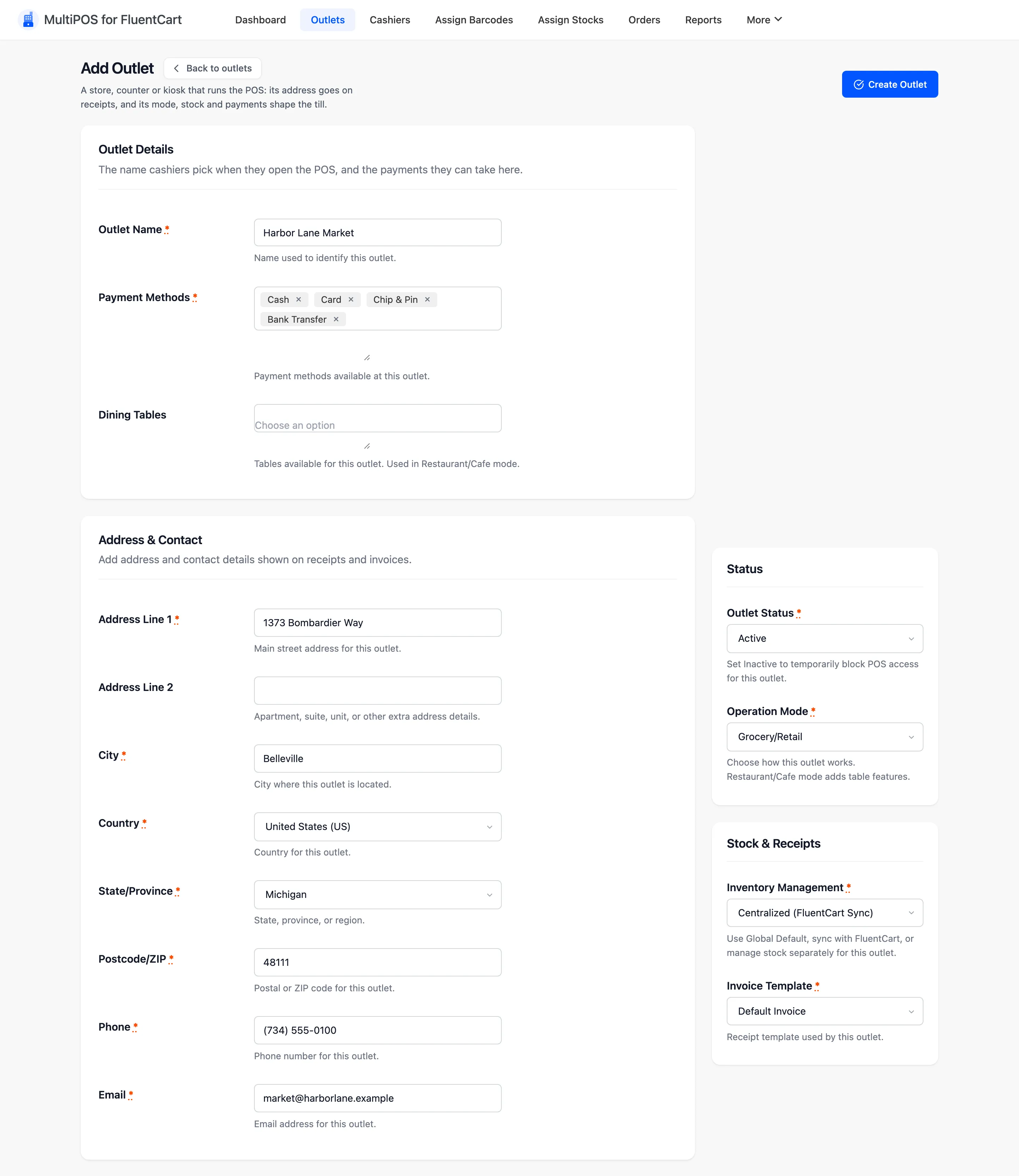 The Add Outlet form filled in for Harbor Lane Market, with its address in Belleville, Michigan and Centralized (FluentCart Sync) stock