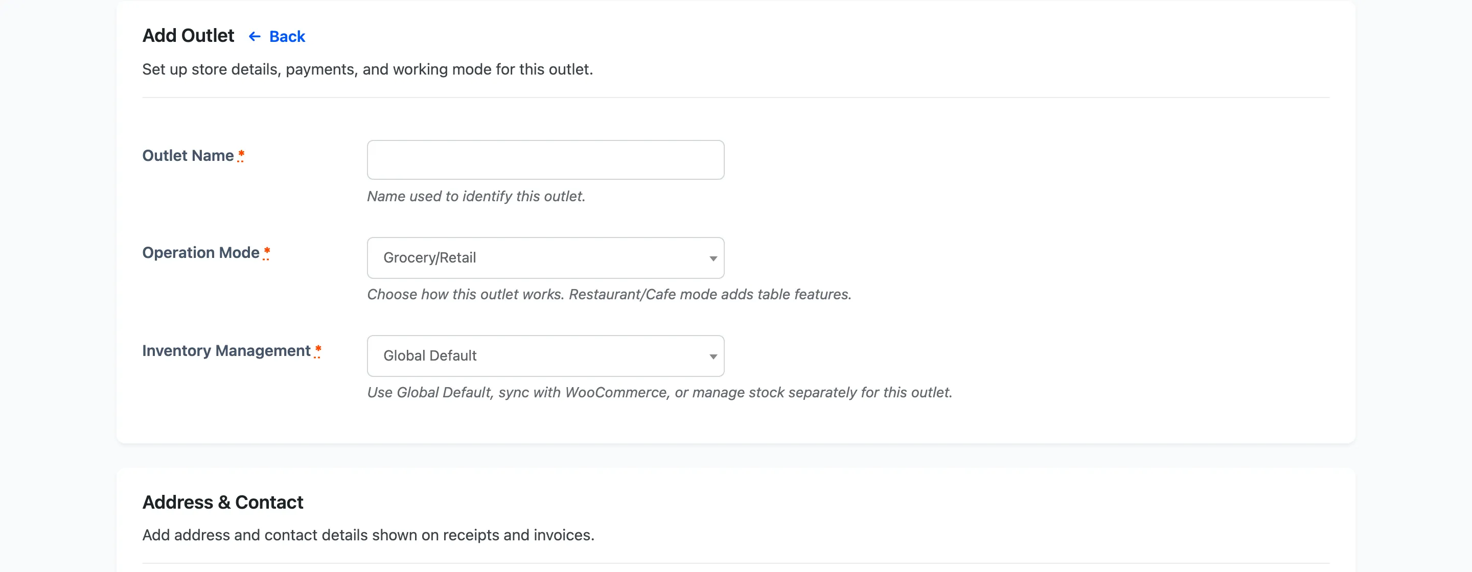 The top of the outlet form with the name and operation mode fields