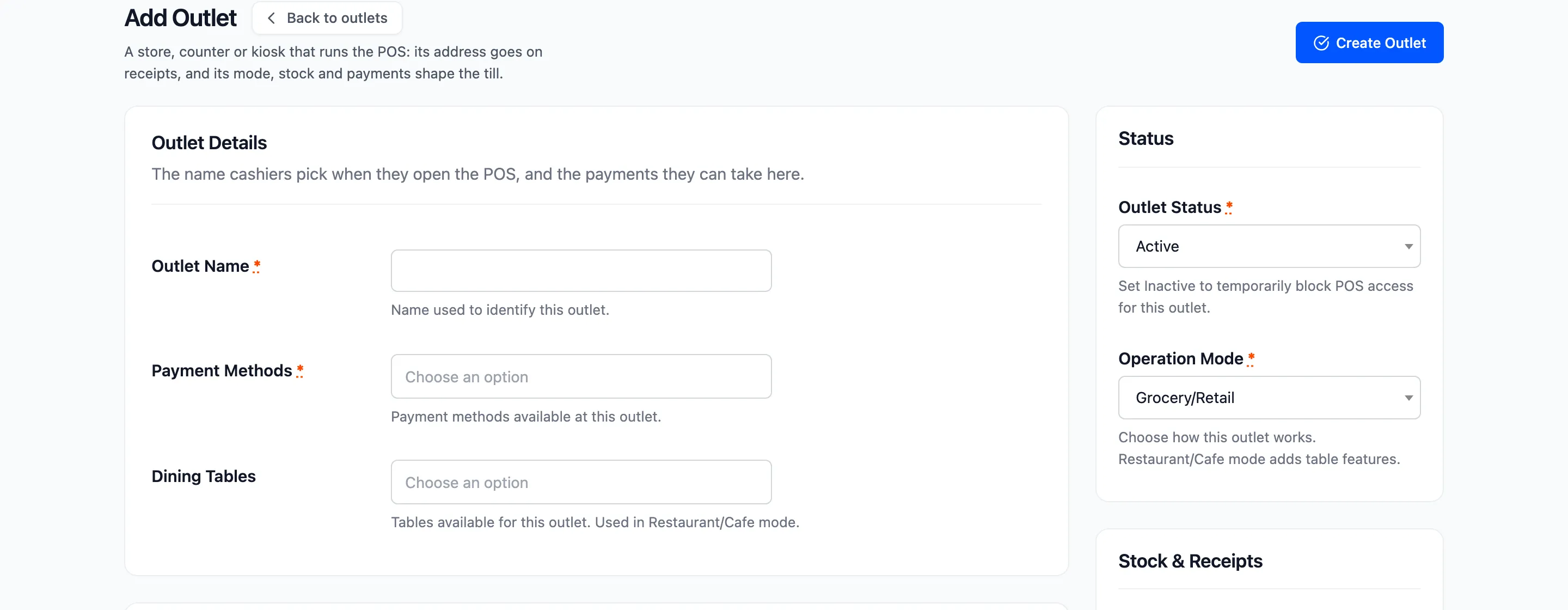 The top of the outlet form with the name and operation mode fields