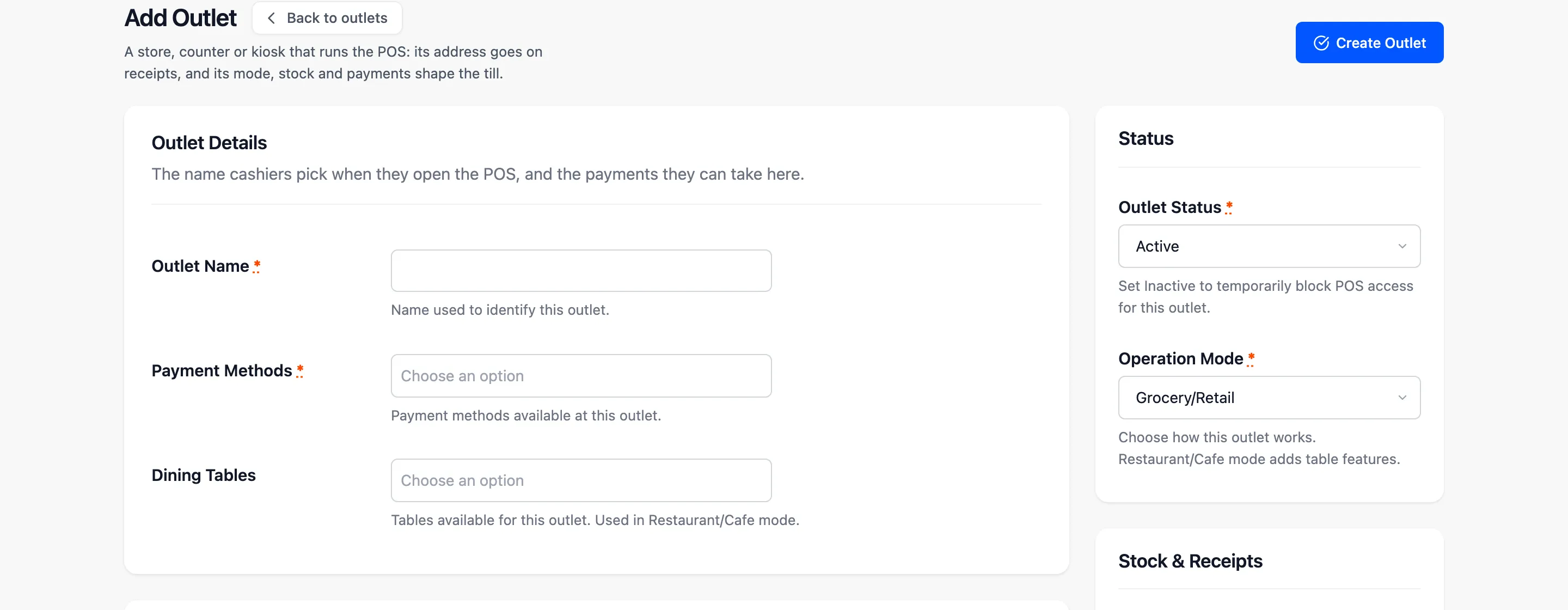 The top of the Add Outlet form with the name and payment method fields