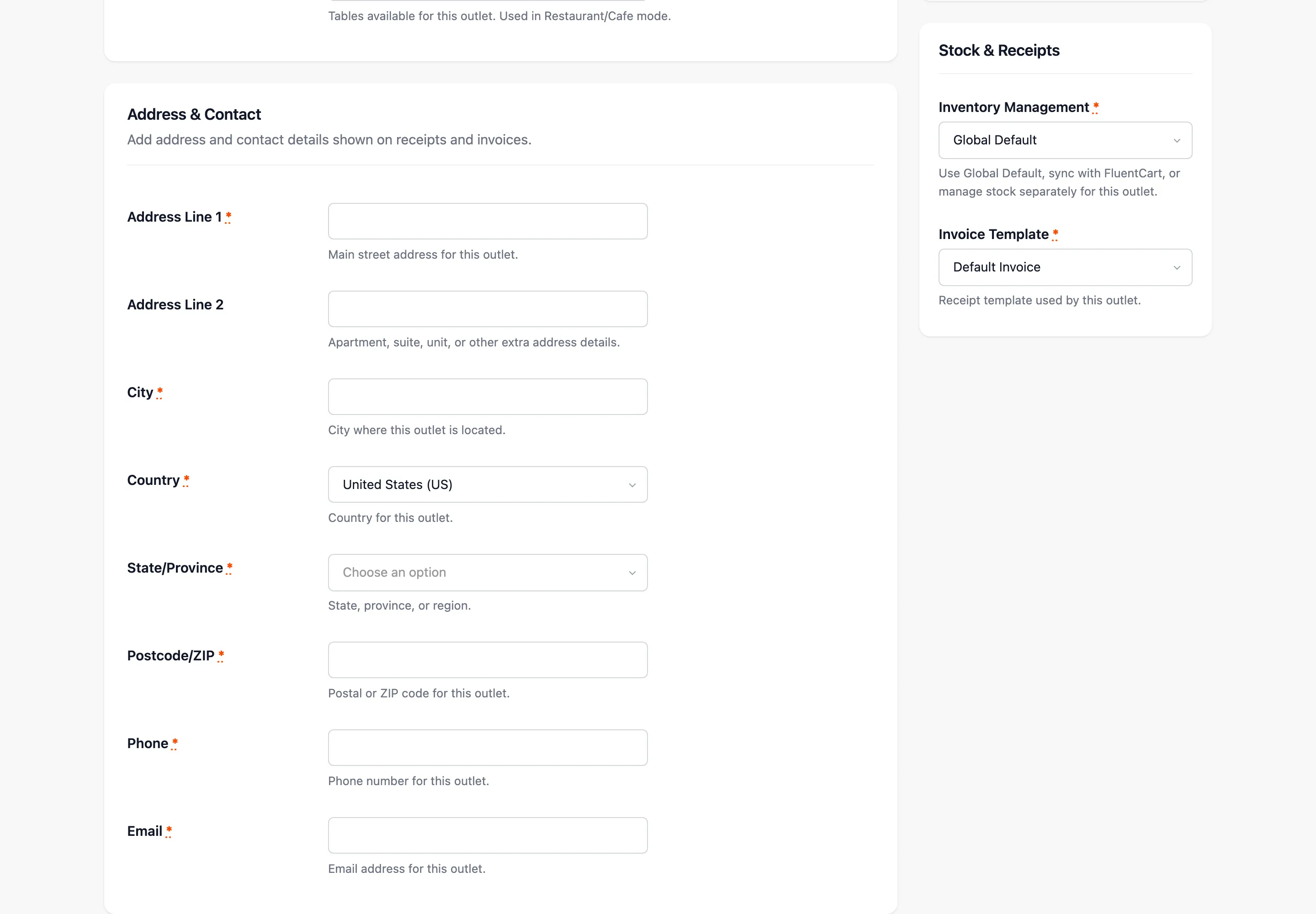 The Address & Contact section of the outlet form