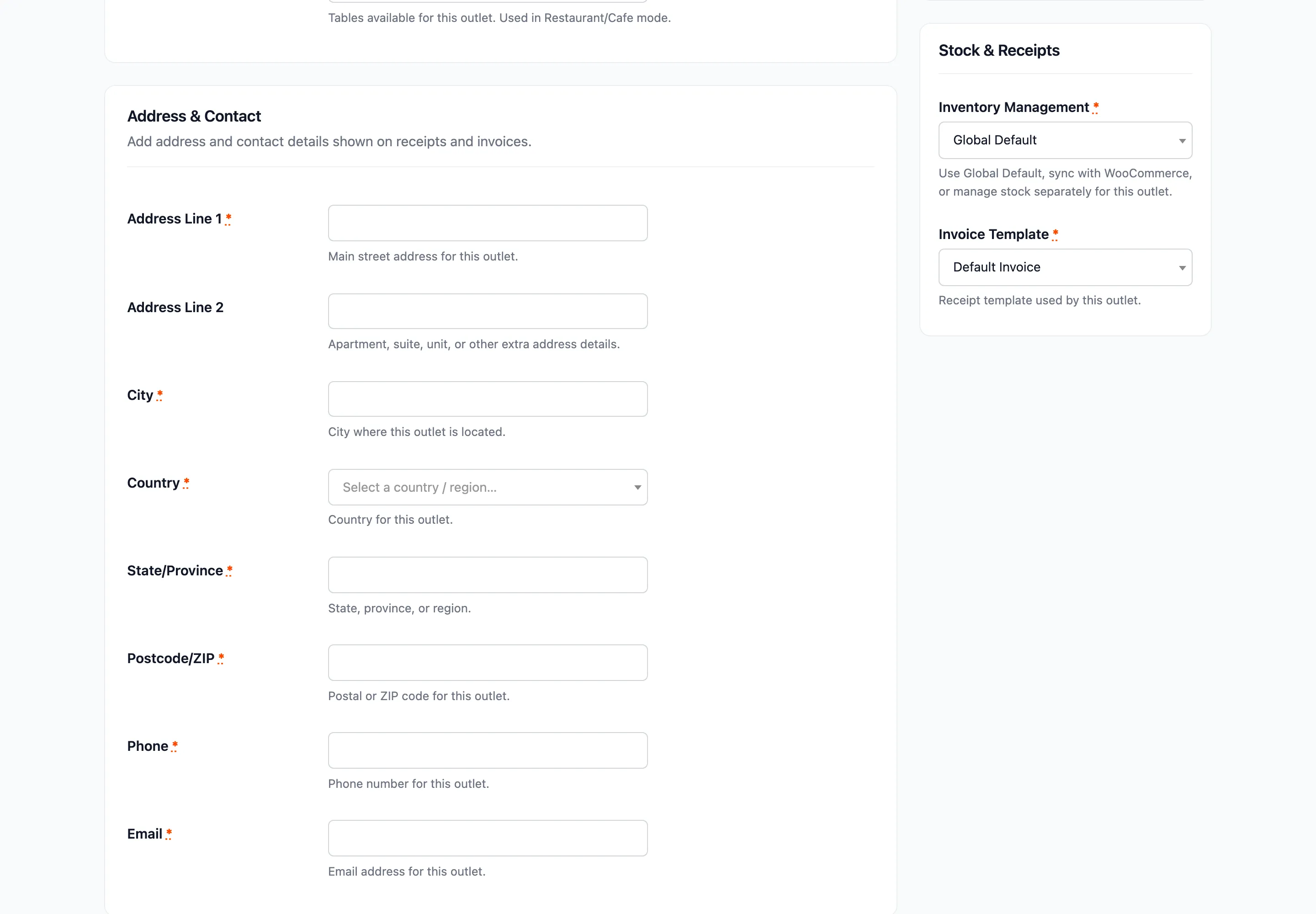 The Address & Contact section of the outlet form