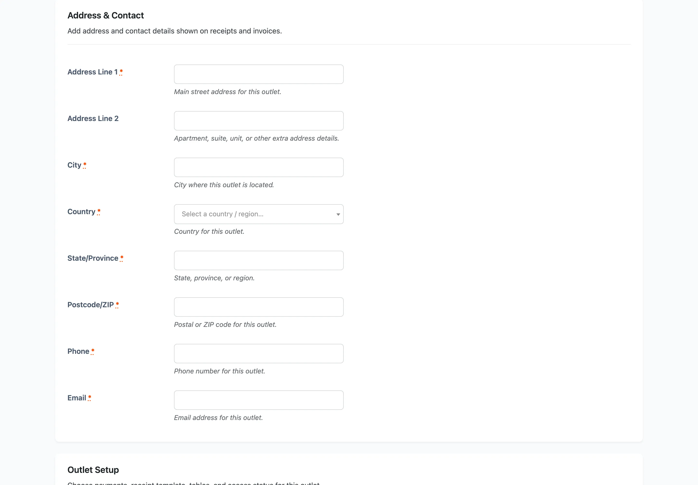 The Location and Contact section of the outlet form
