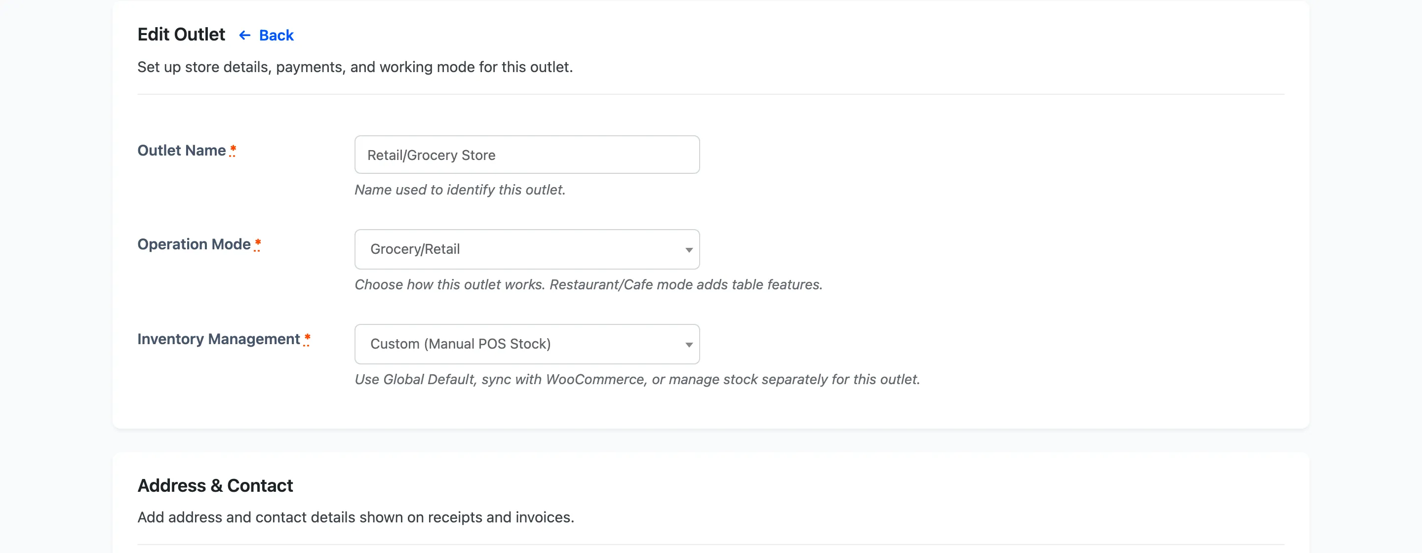 The outlet edit form with existing values loaded