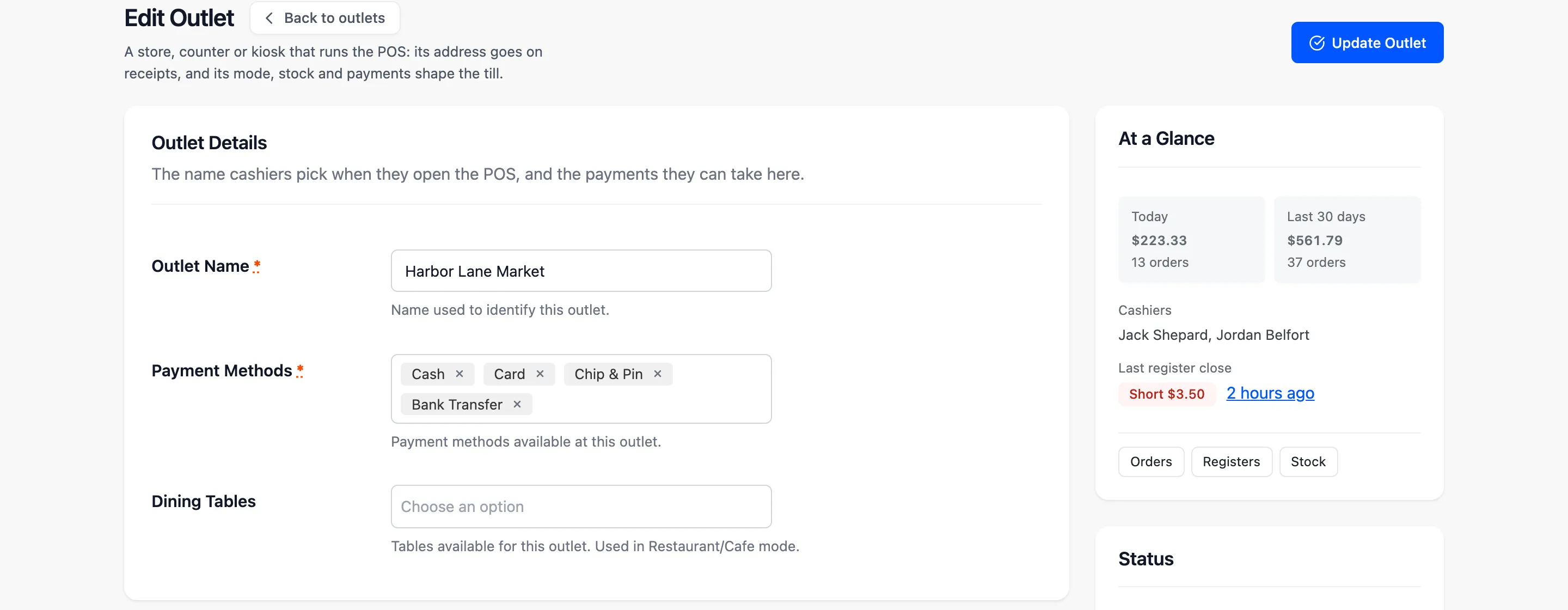 The outlet edit form with existing values loaded