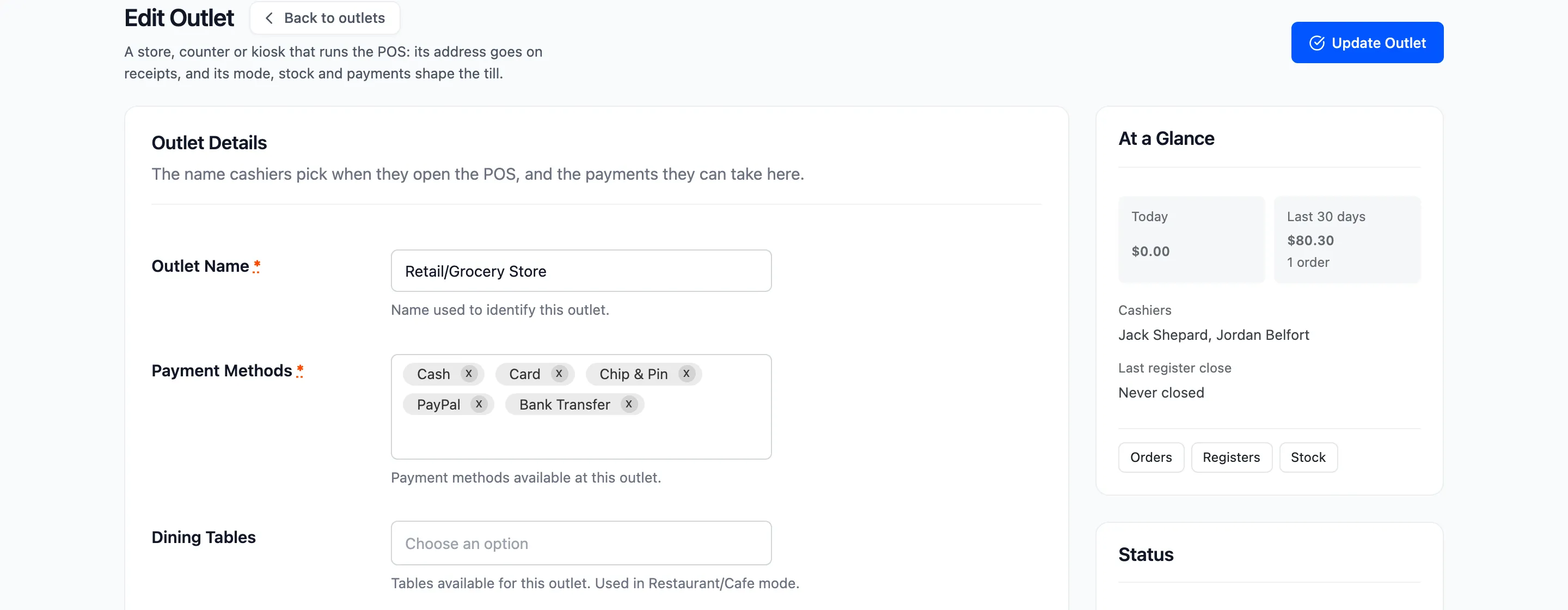 The outlet edit form with existing values loaded