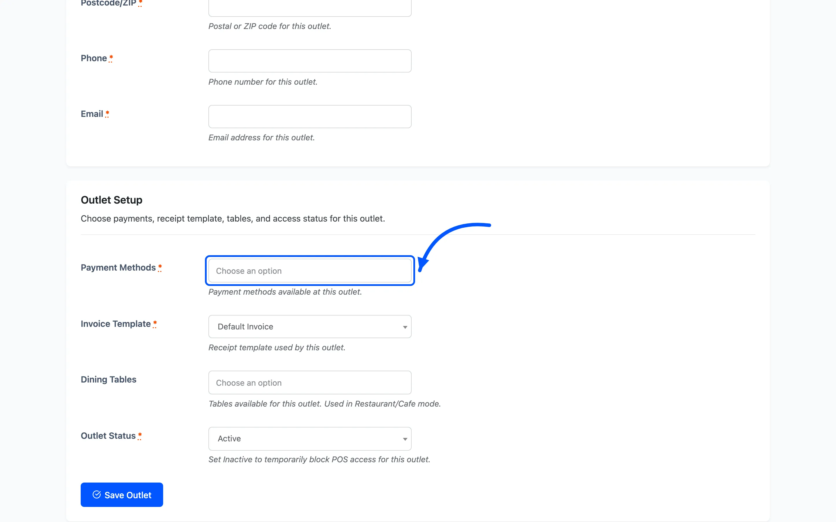 The Payment Methods field on the outlet form