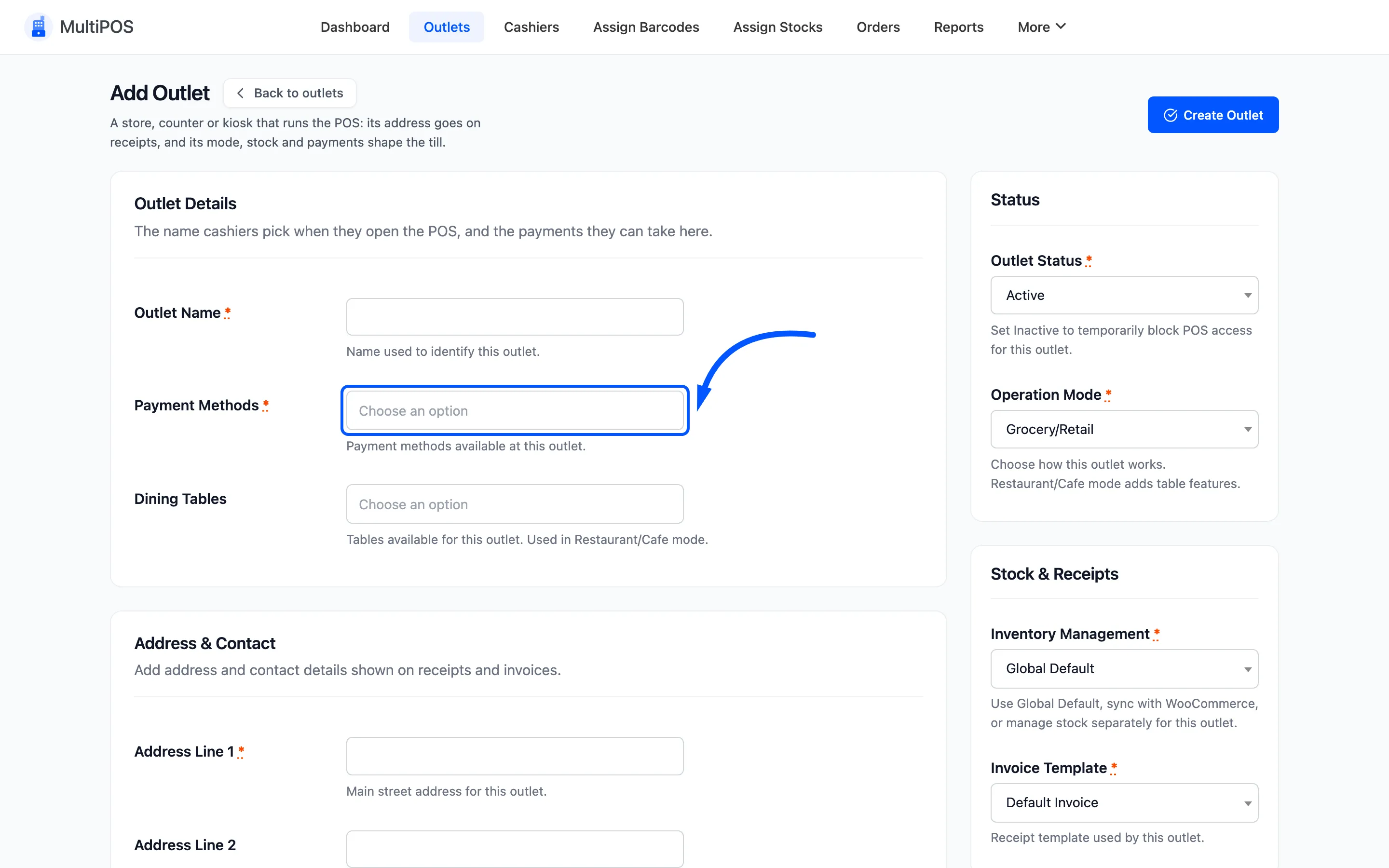The Payment Methods field on the outlet form