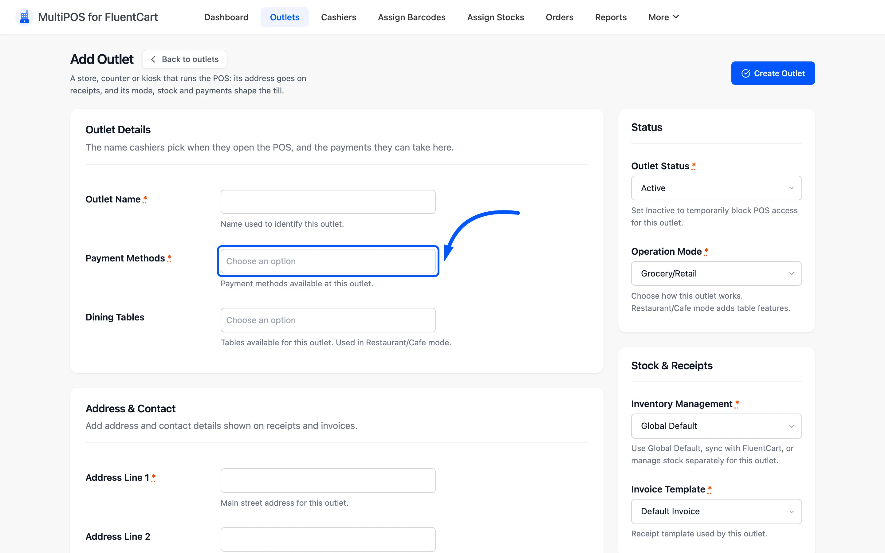 The Payment Methods field on the outlet form