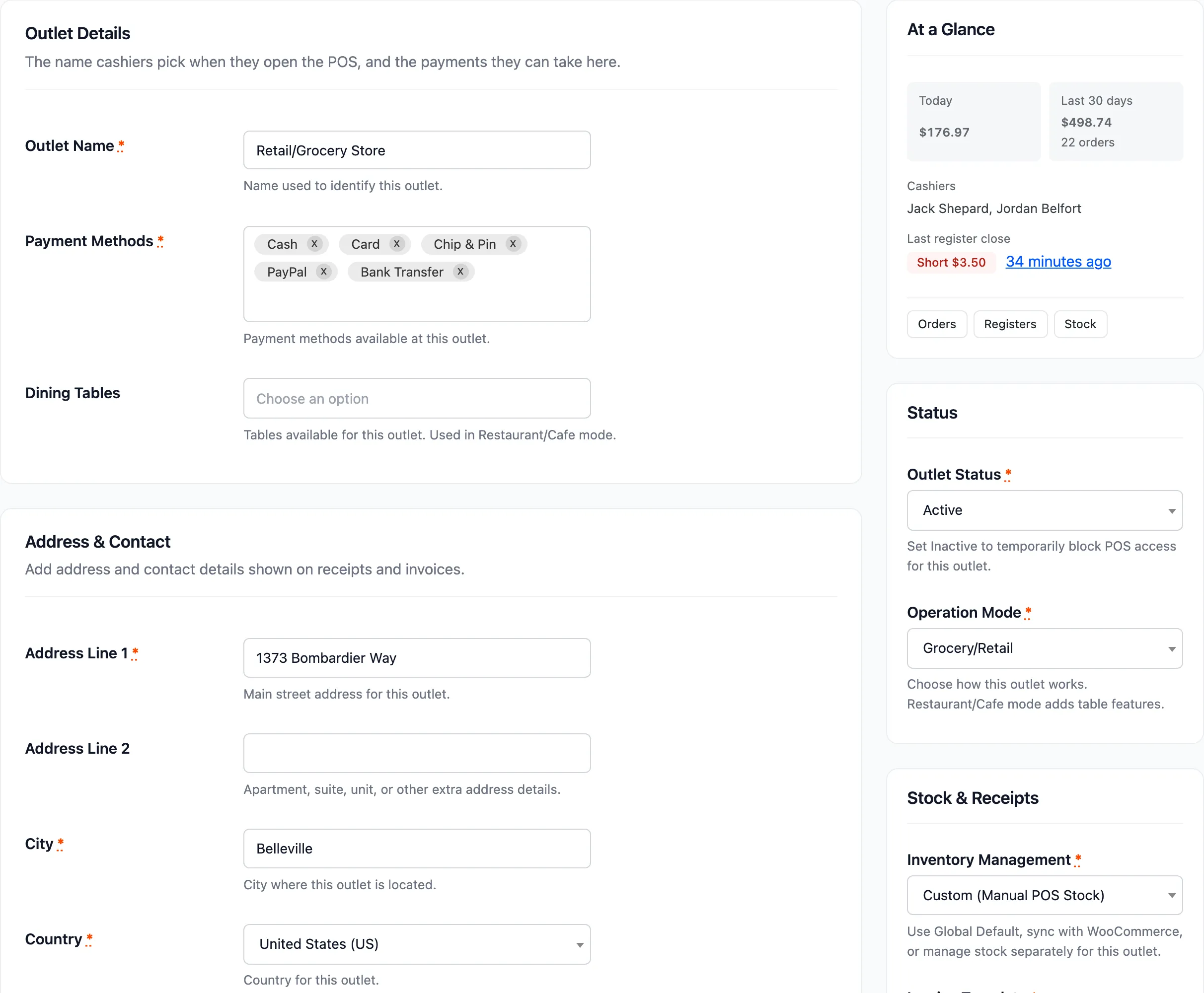 The Configuration section of the outlet form with payments, tables and status