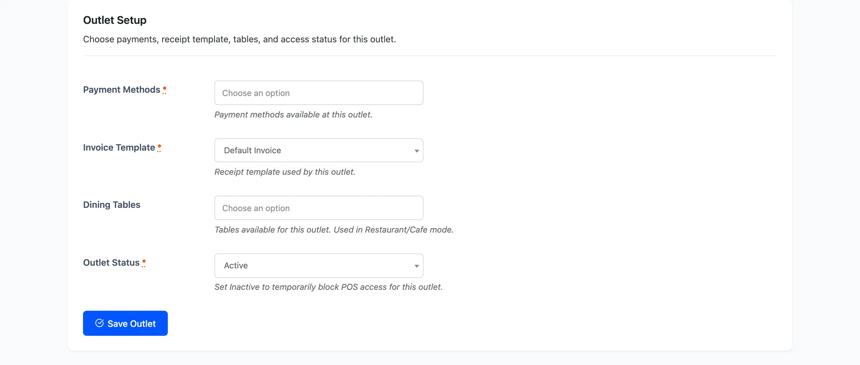 The Configuration section of the outlet form with payments, tables and status