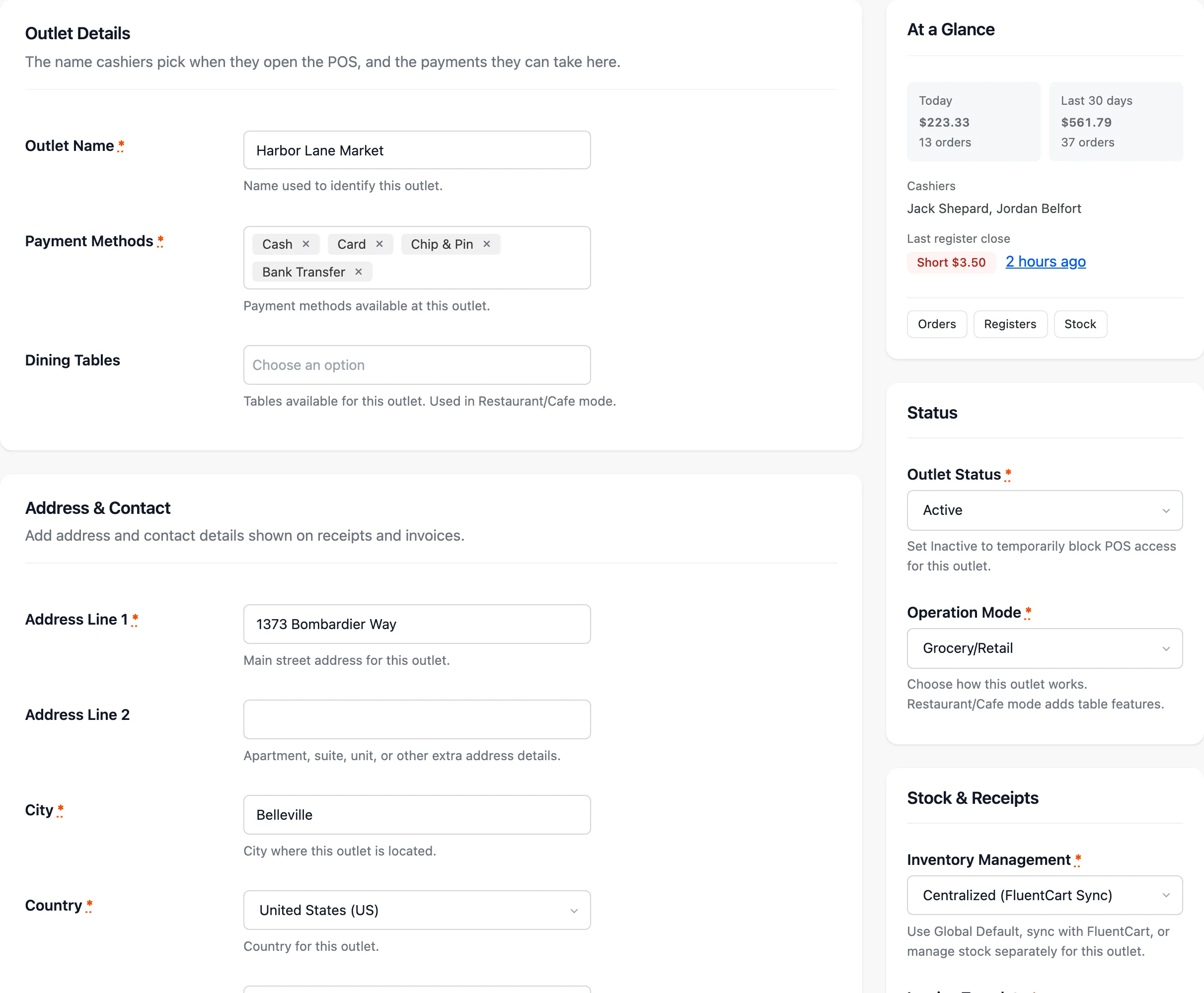The Configuration section of the outlet form with payments, tables and status