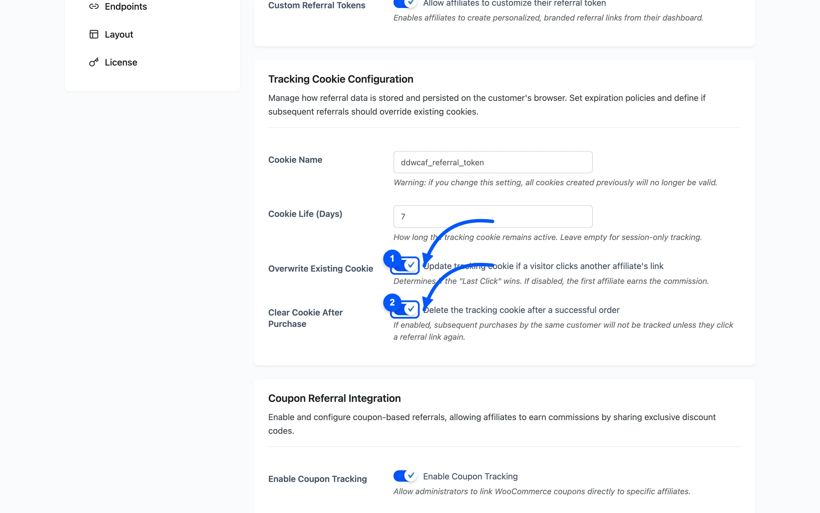 The Overwrite Existing Cookie and Clear Cookie After Purchase toggles