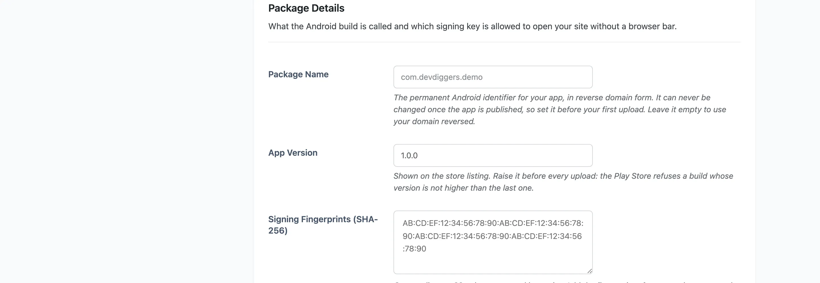 The Package Details section
