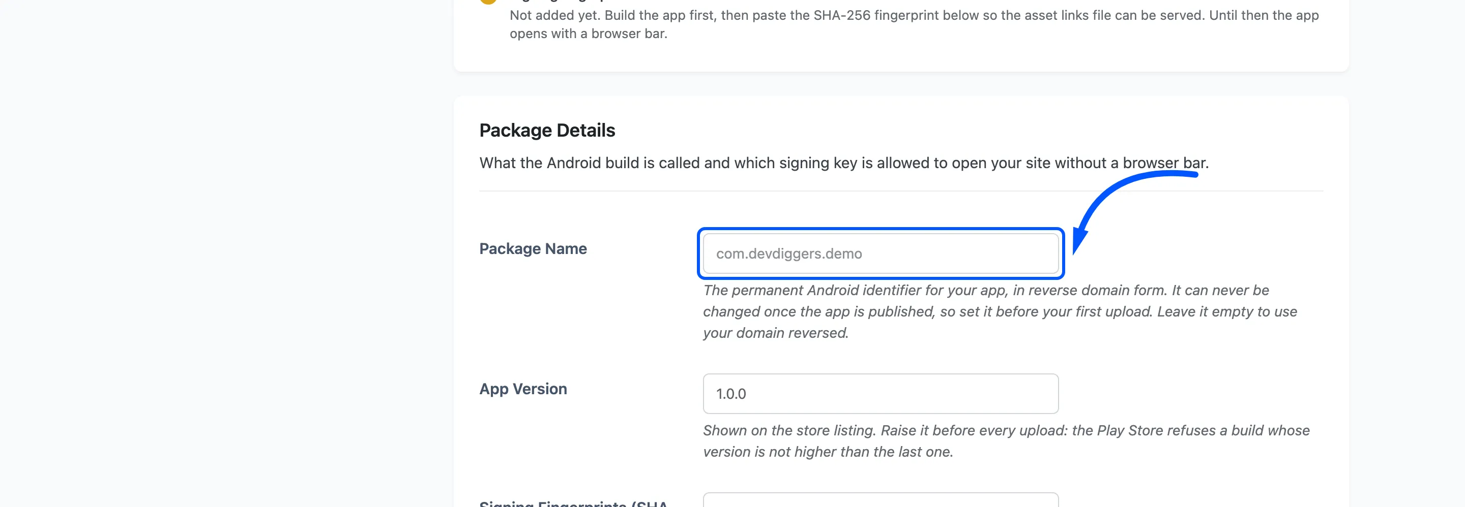 The Package Name field