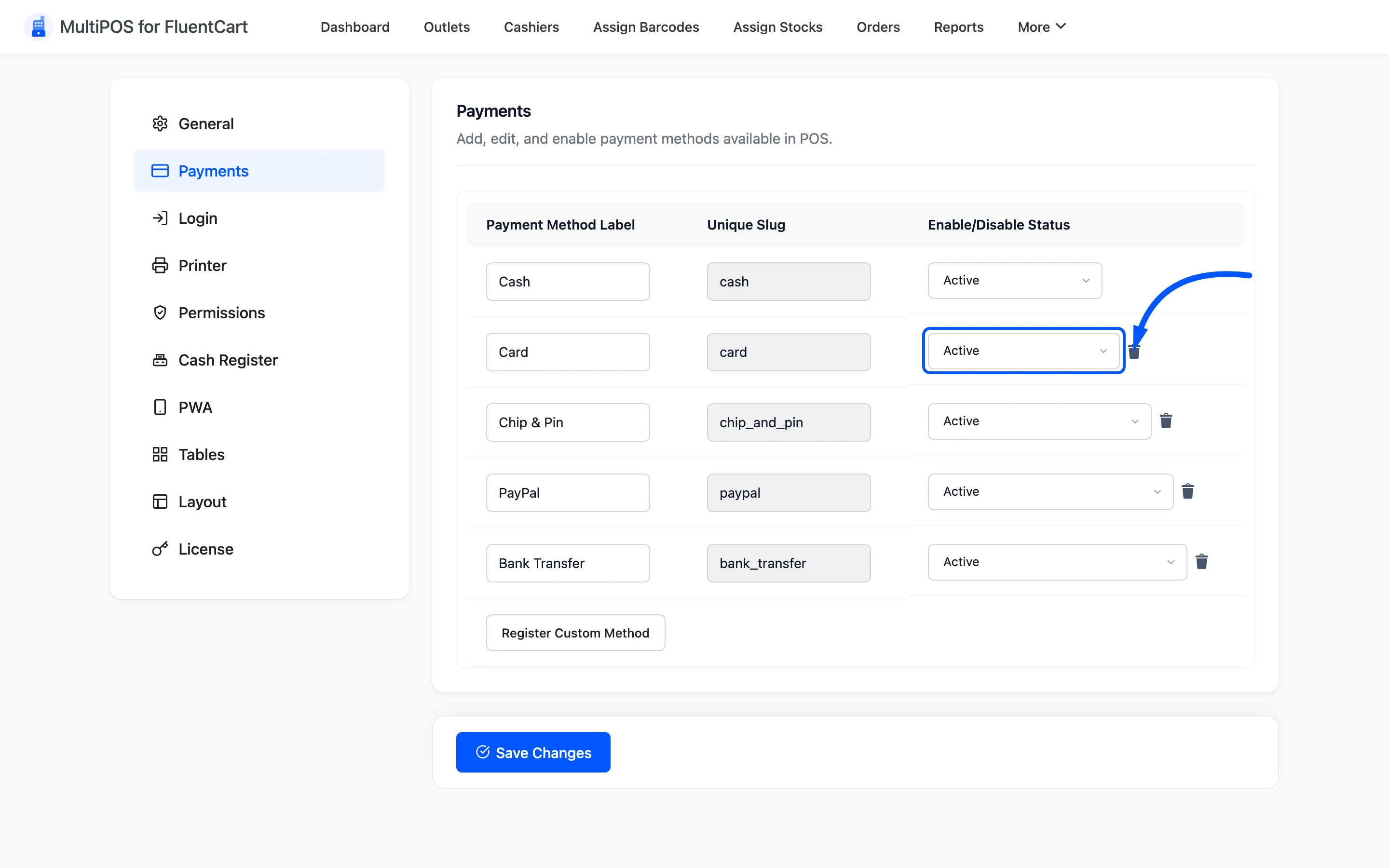 The Active and Inactive status dropdown on a payment method row