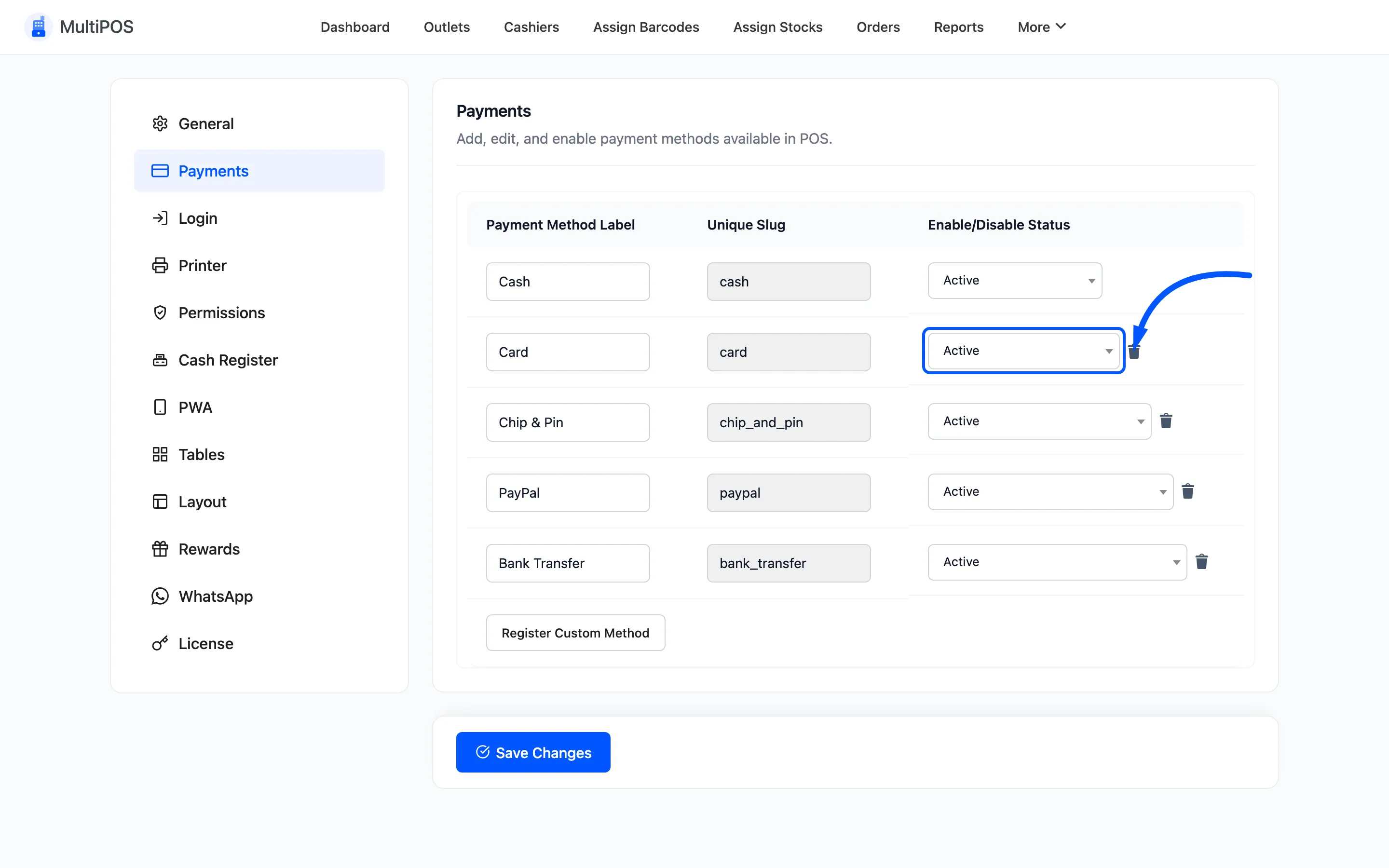 The Active and Inactive status dropdown on a payment method row