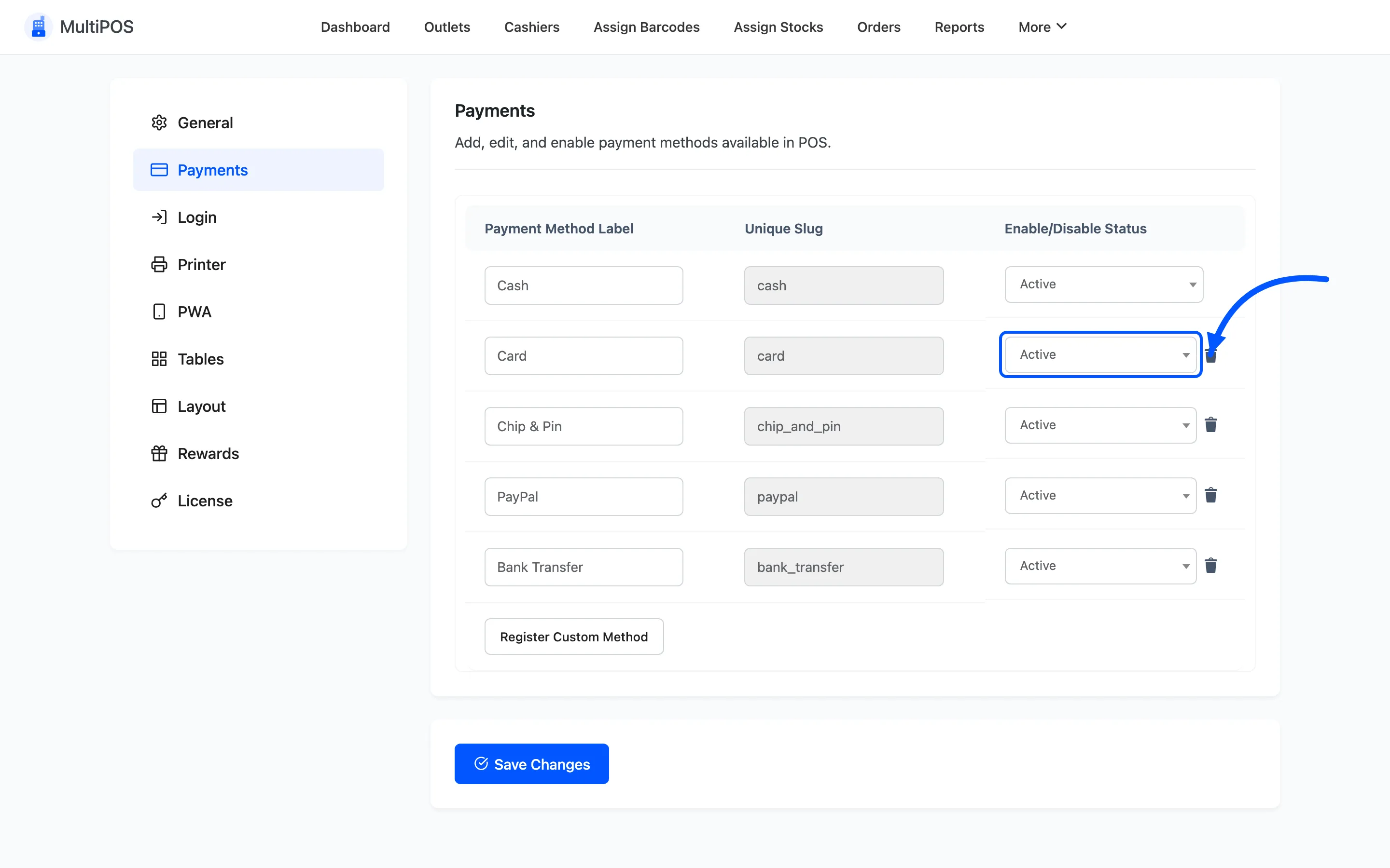 The Active and Inactive status dropdown on a payment method row