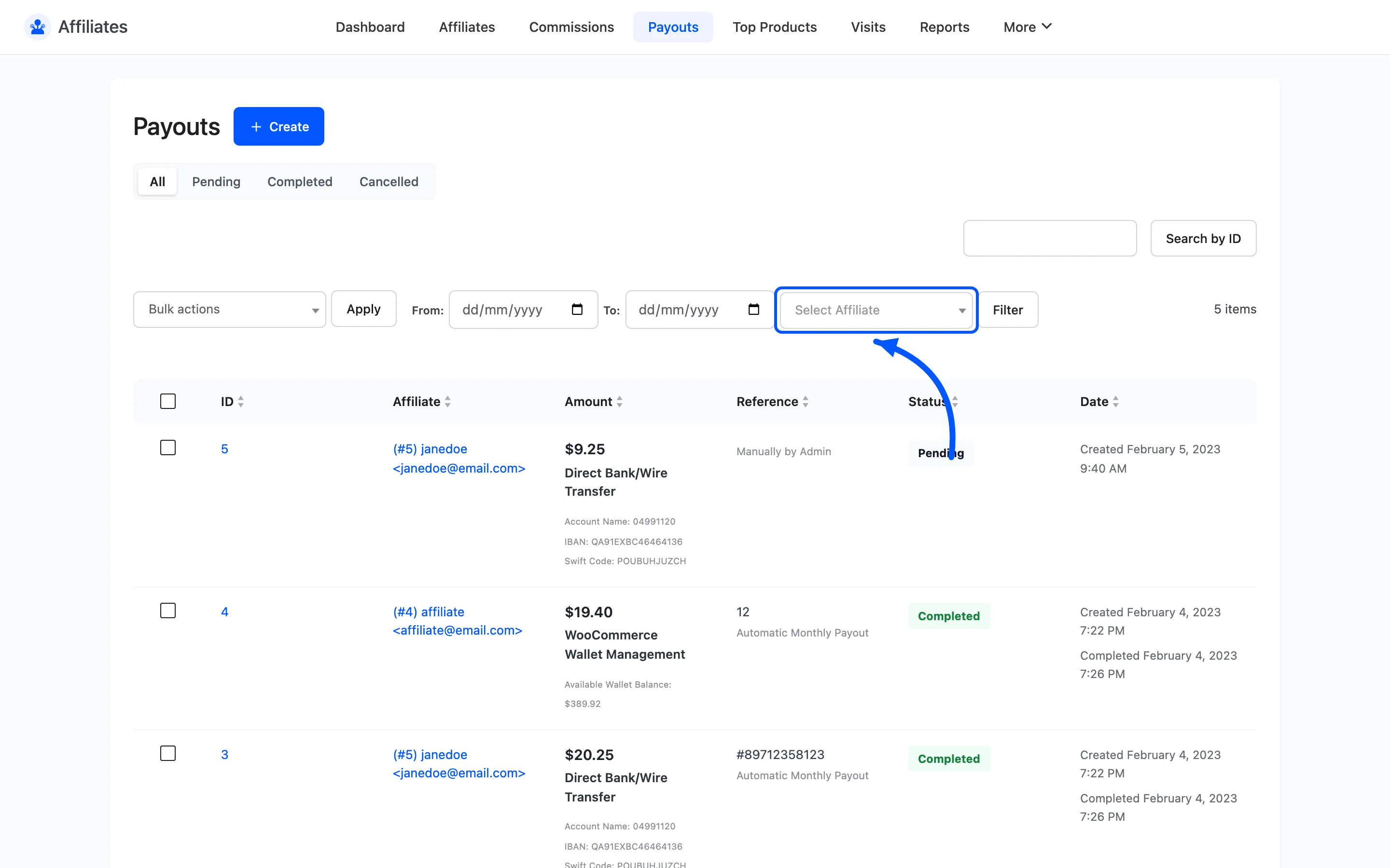 The affiliate selector and date fields above the Payouts table