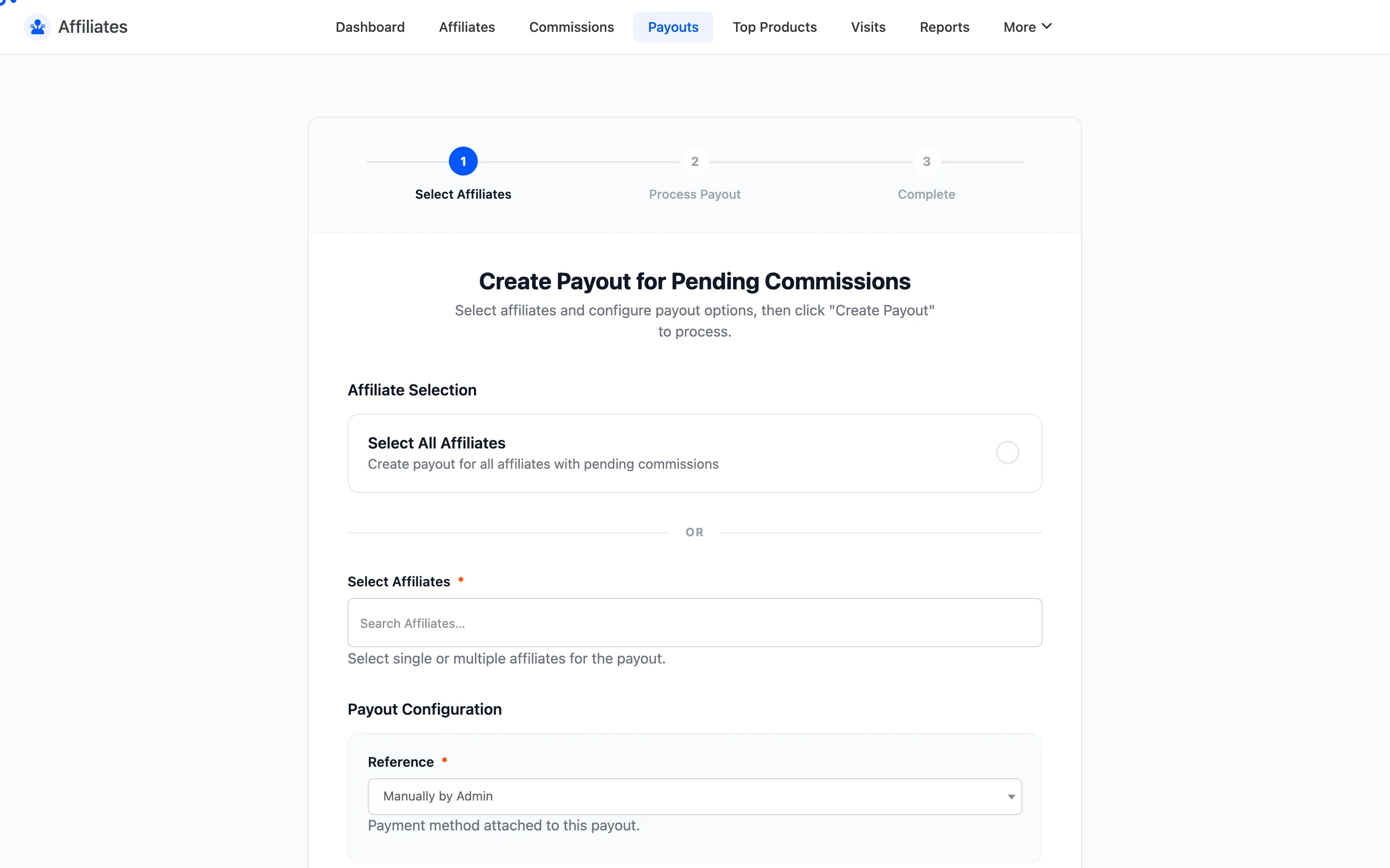 The all-affiliates checkbox on the Create Payout wizard