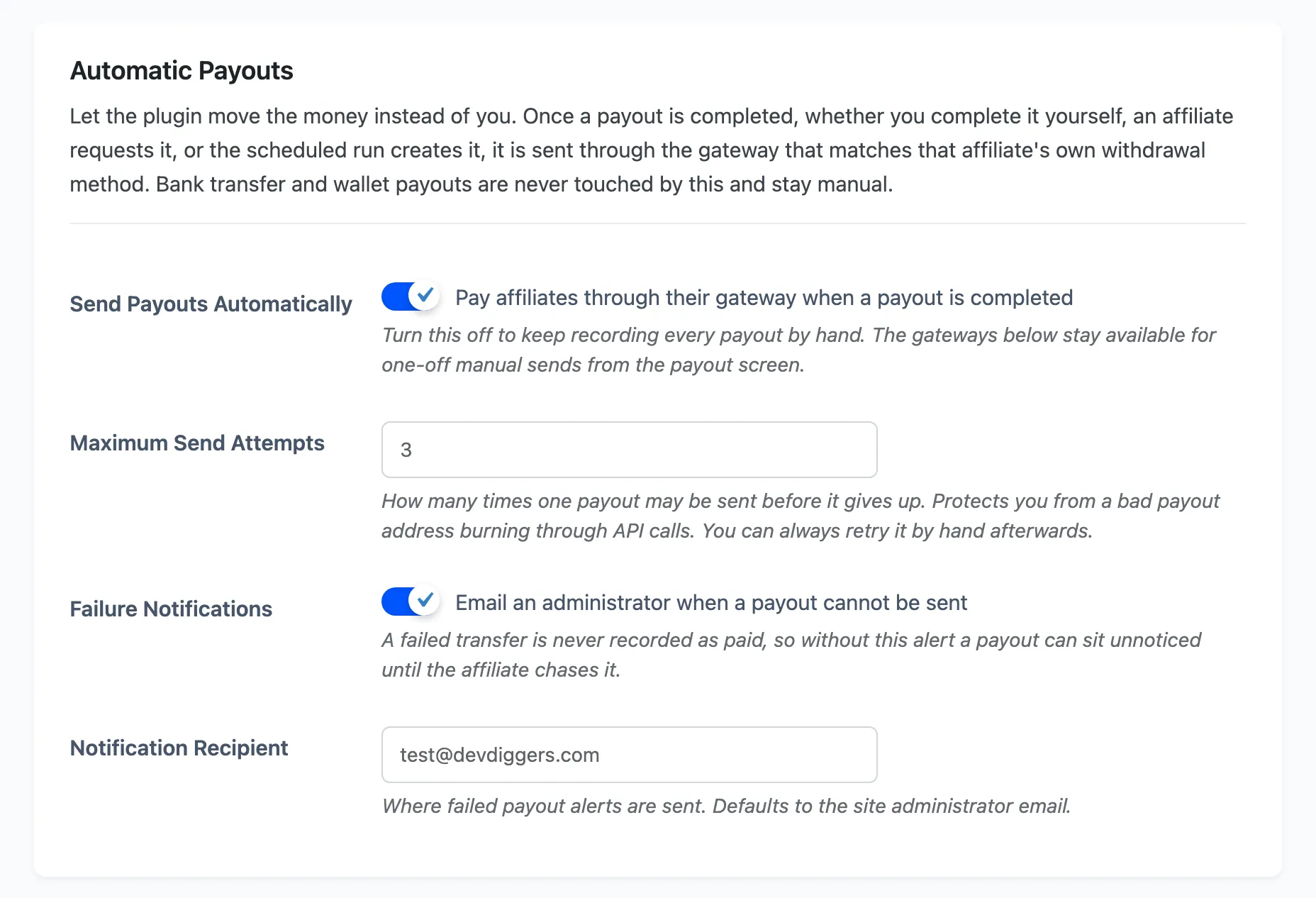 The Automatic Payouts section of the Payouts settings tab