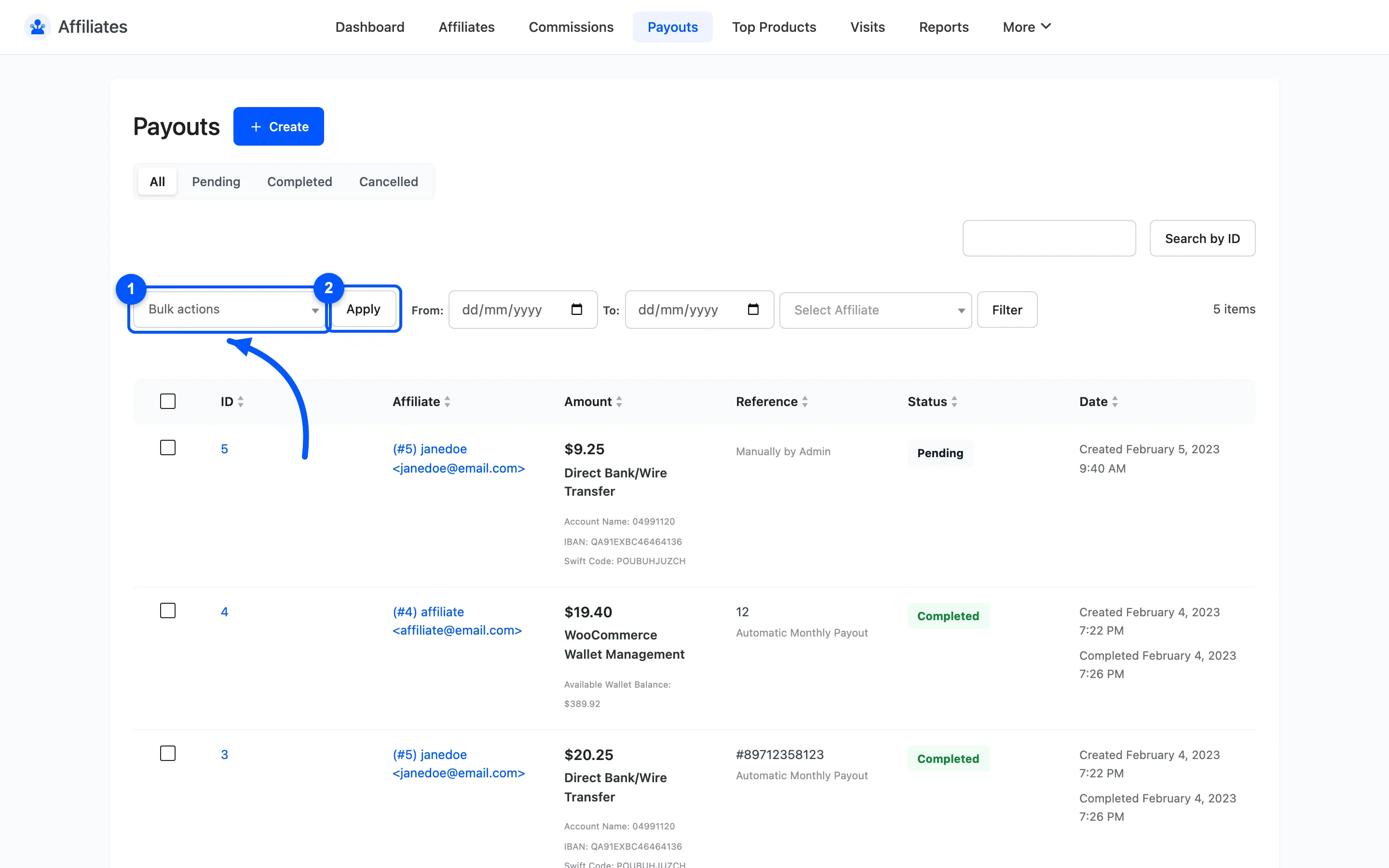 The bulk action selector and Apply button above the Payouts table