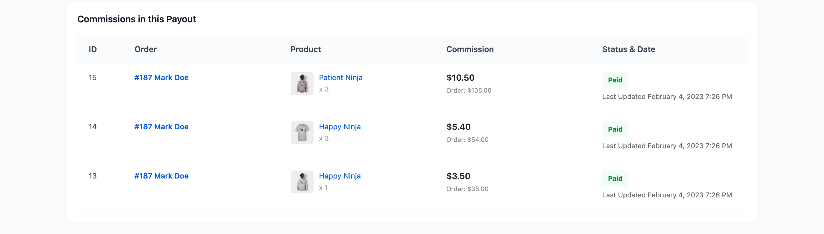 The Commissions in this Payout table at the foot of the payout detail screen