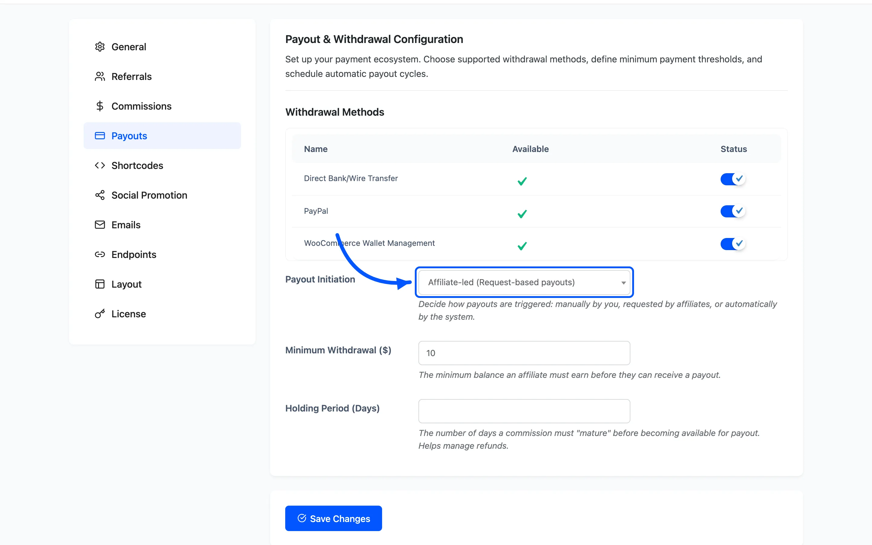 The Payout Initiation dropdown on the Payouts settings tab