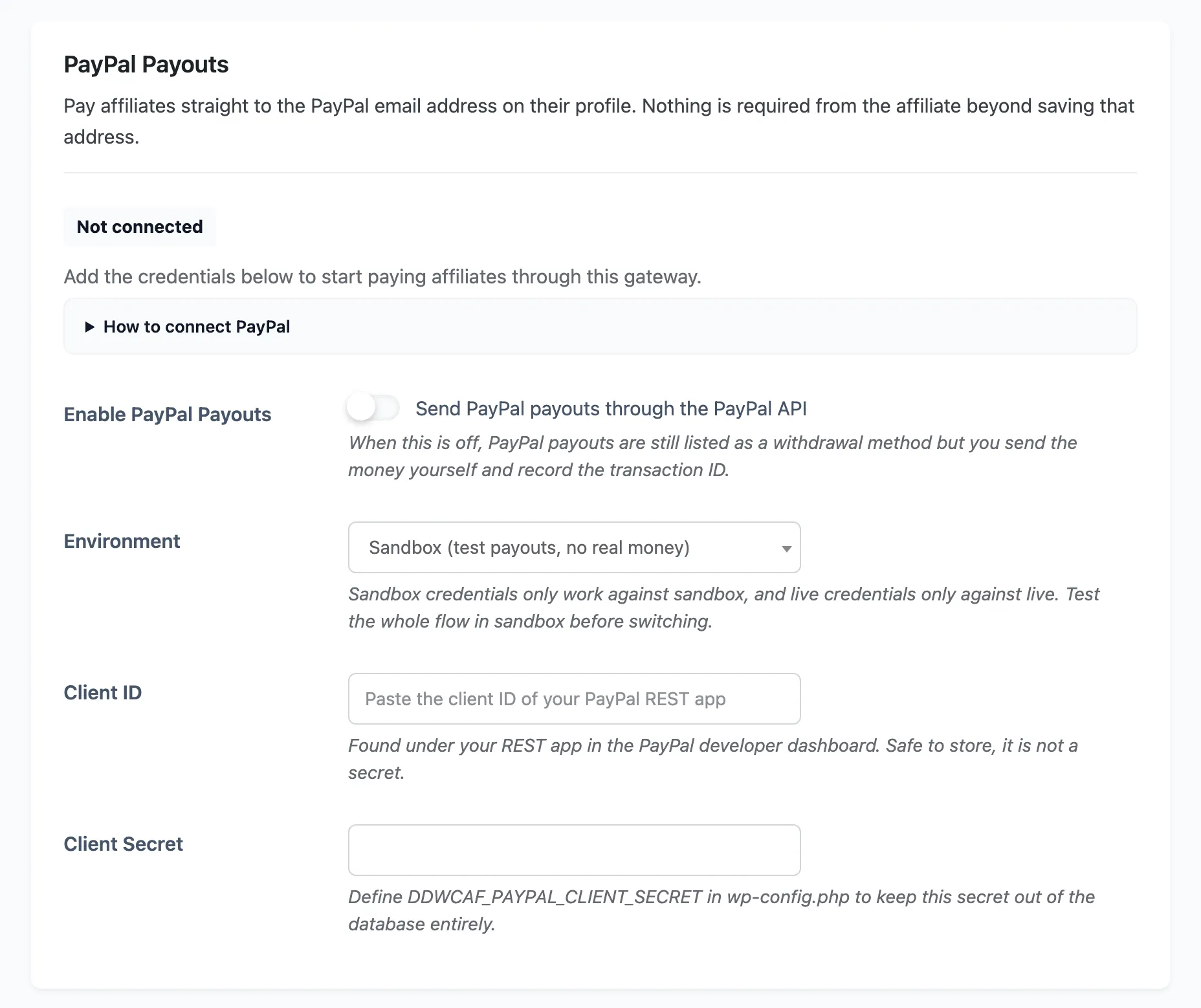 The PayPal Payouts section with its connection status and credential fields
