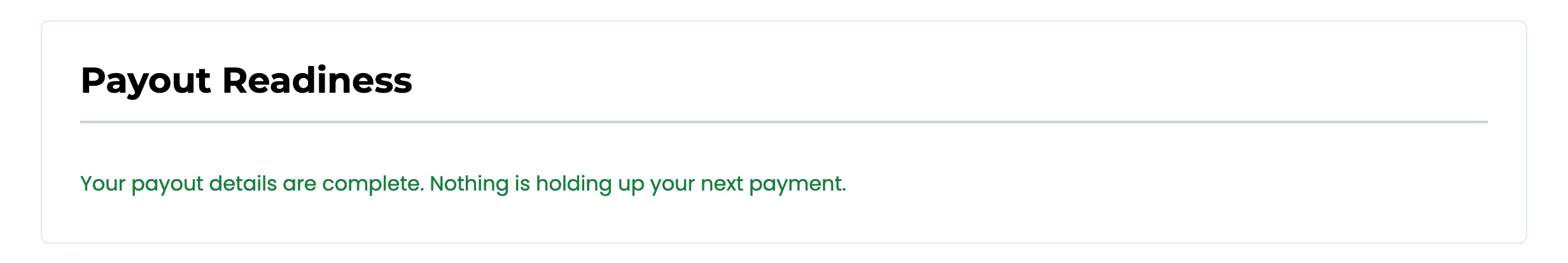 The Payout Readiness panel on the affiliate settings section