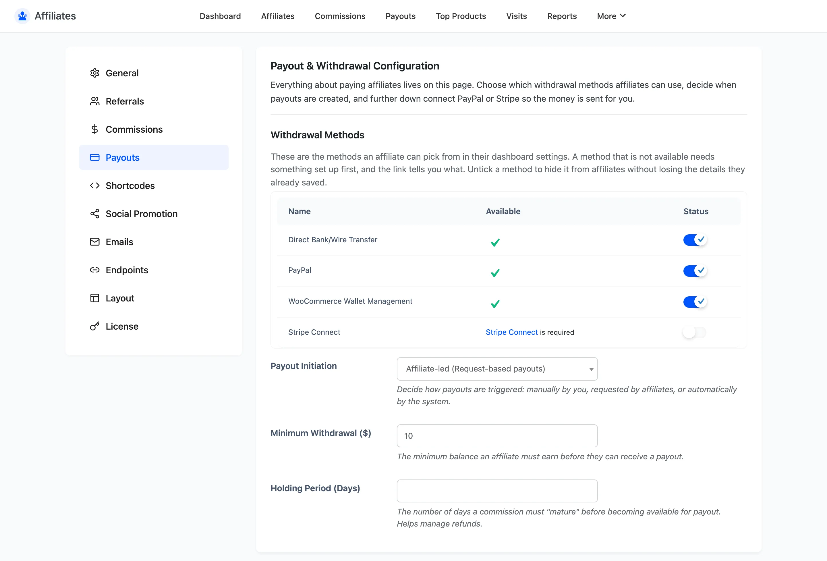 The Affiliates Payouts settings tab with the withdrawal methods table and payout rules