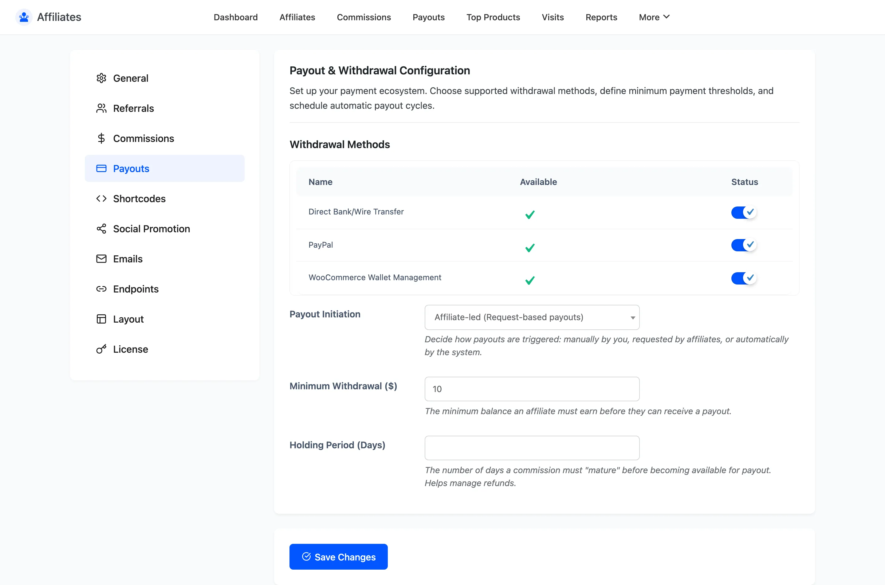 The Affiliates Payouts settings tab with the withdrawal methods table and payout rules