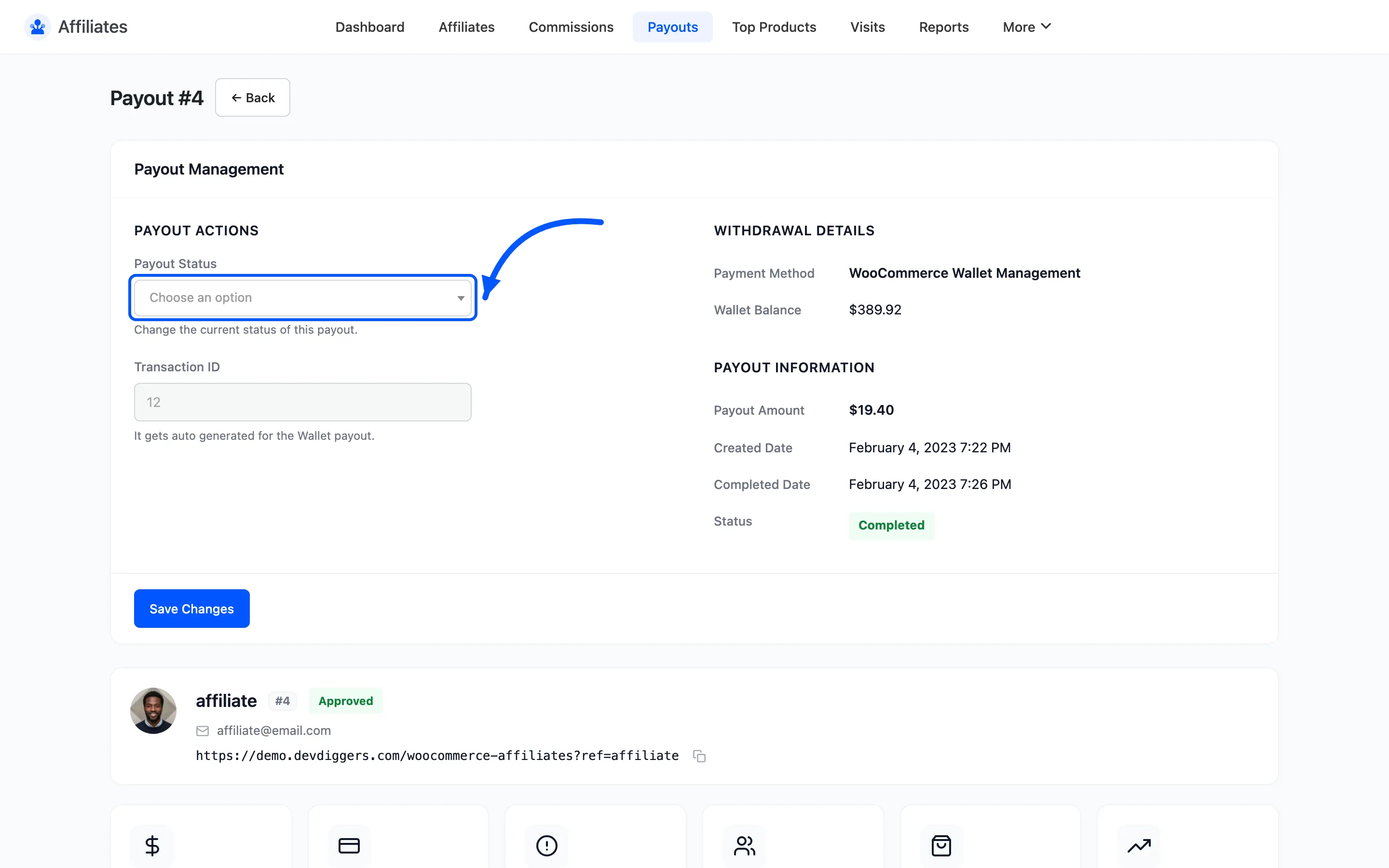 The Payout Status dropdown on the payout detail screen