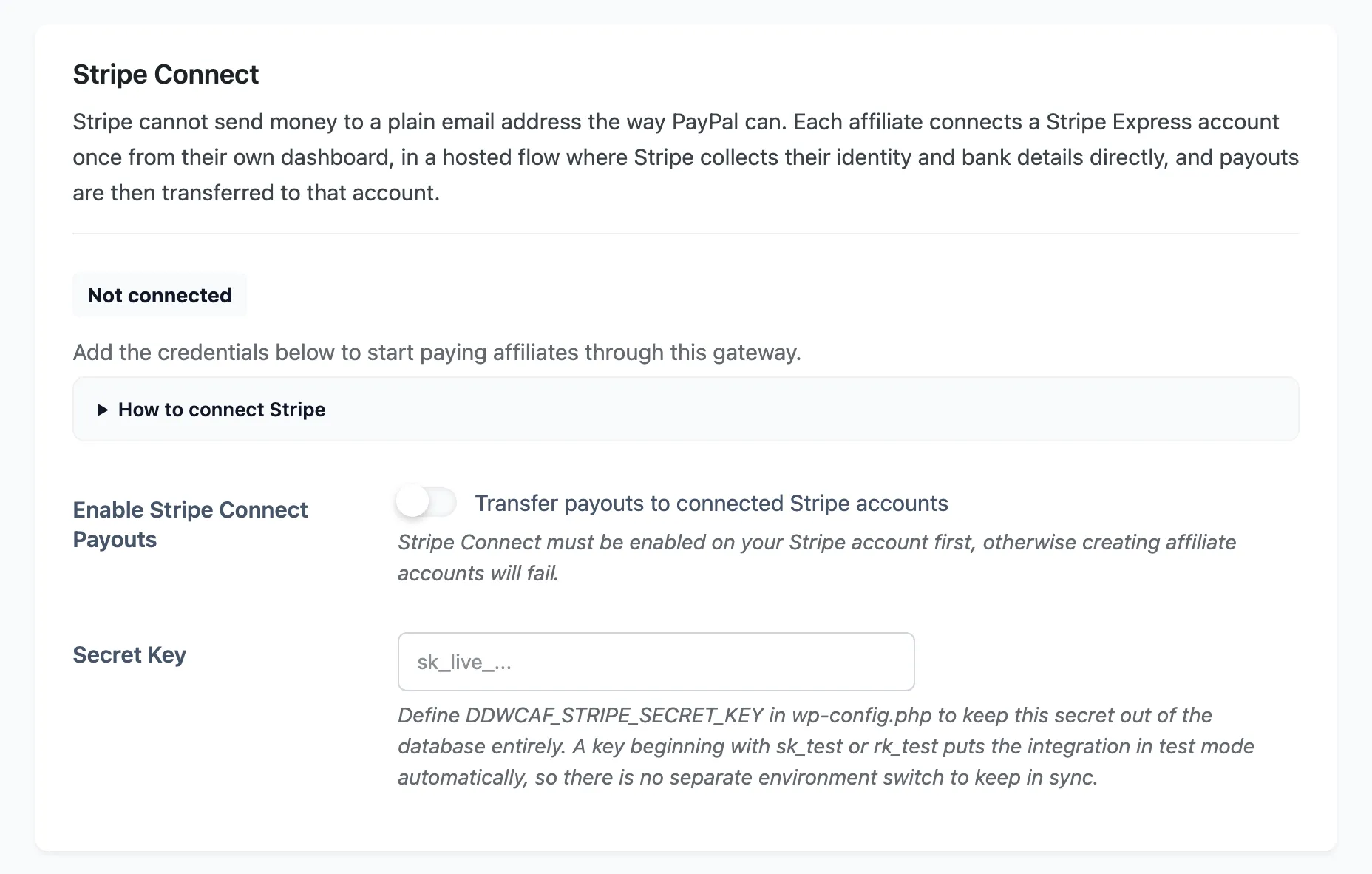 The Stripe Connect section with its connection status and secret key field