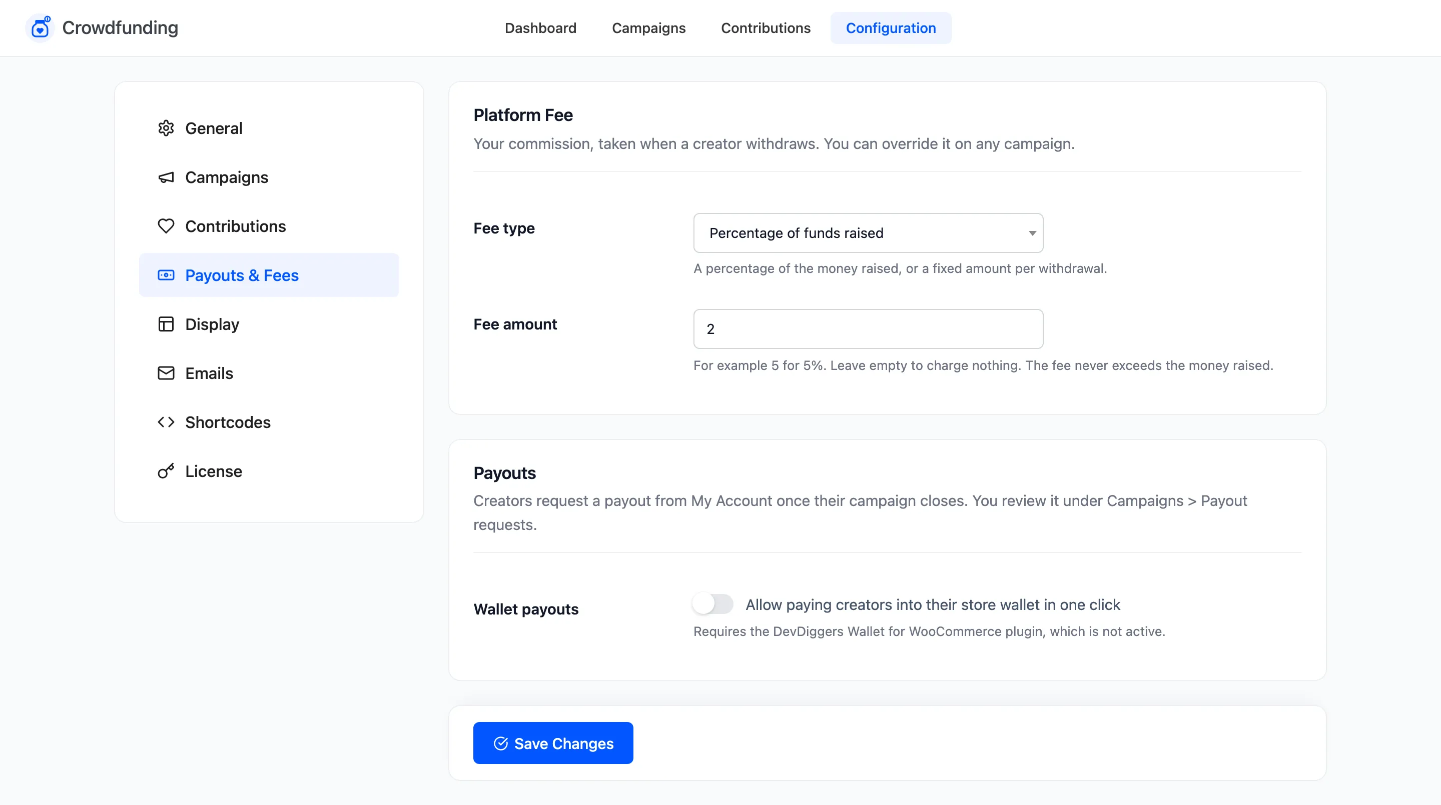 The Payouts & Fees tab